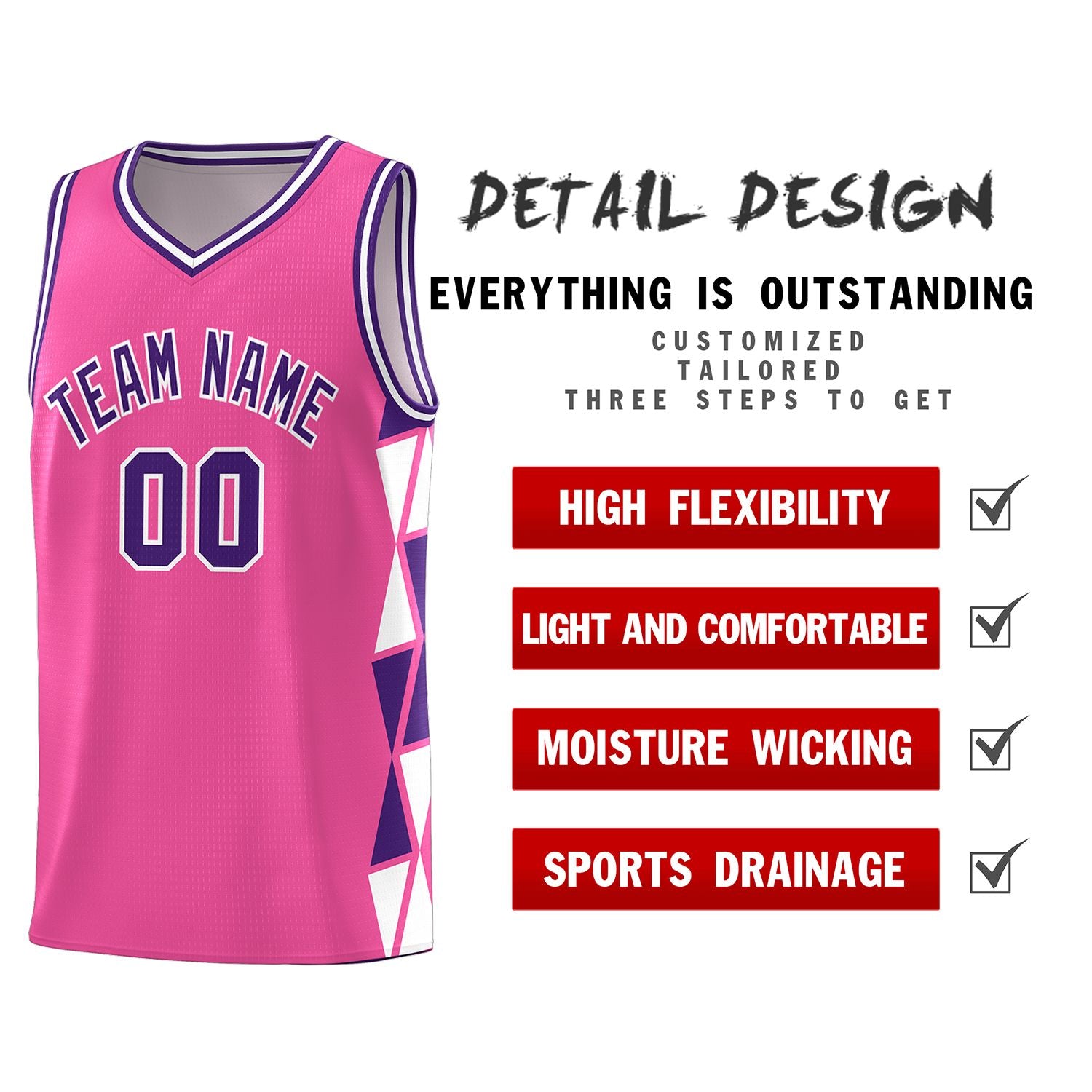 Custom Pink Purple-White Side Two-Color Triangle Splicing Sports Uniform Basketball Jersey