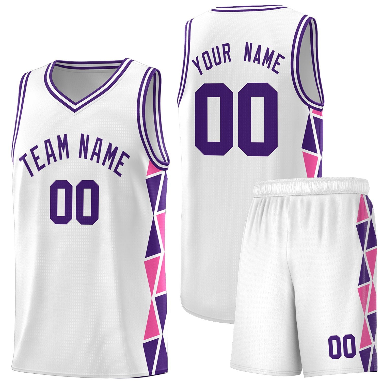 Custom White Purple-Pink Side Two-Color Triangle Splicing Sports Uniform Basketball Jersey