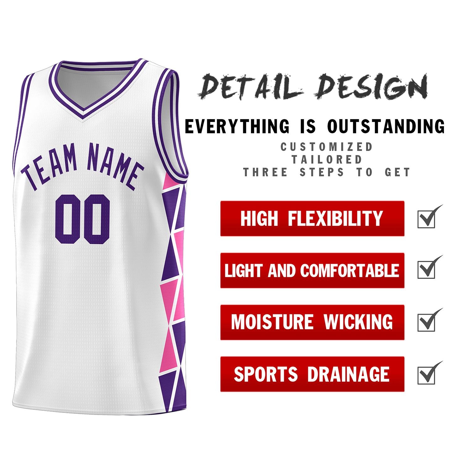 Custom White Purple-Pink Side Two-Color Triangle Splicing Sports Uniform Basketball Jersey