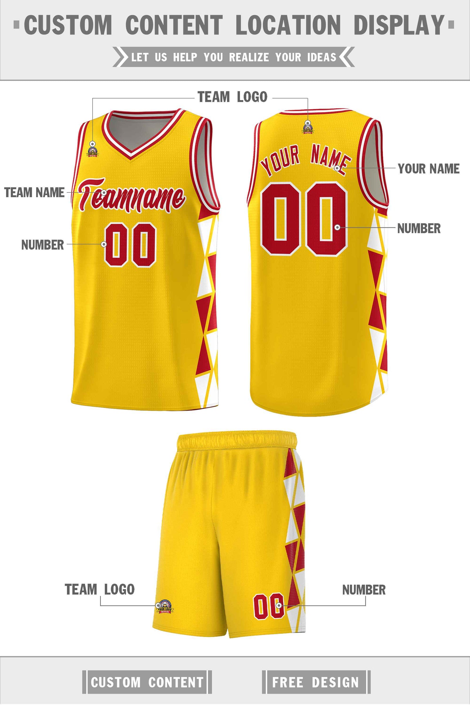 Custom Gold Red-White Side Two-Color Triangle Splicing Sports Uniform Basketball Jersey