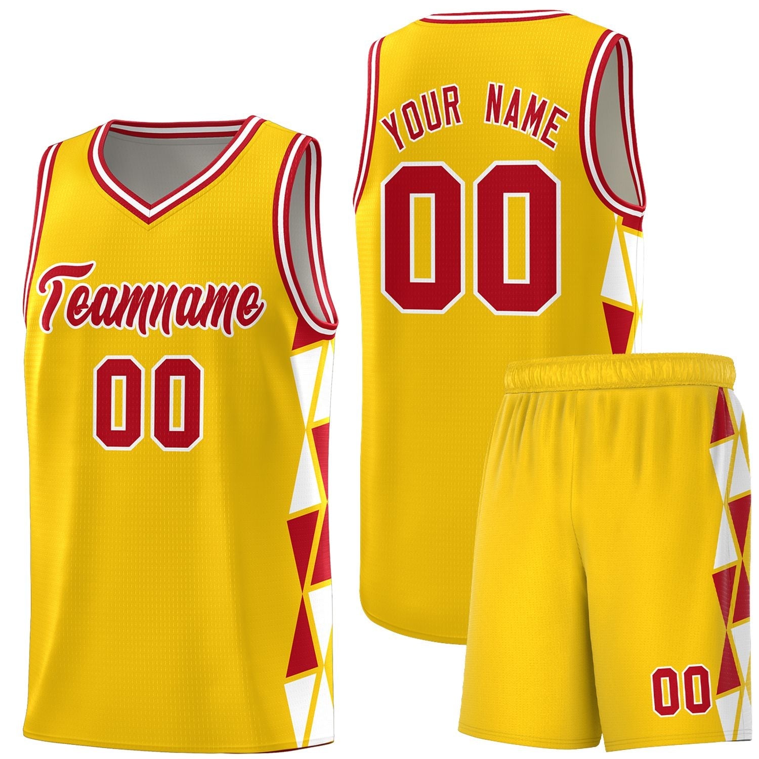 Custom Gold Red-White Side Two-Color Triangle Splicing Sports Uniform Basketball Jersey