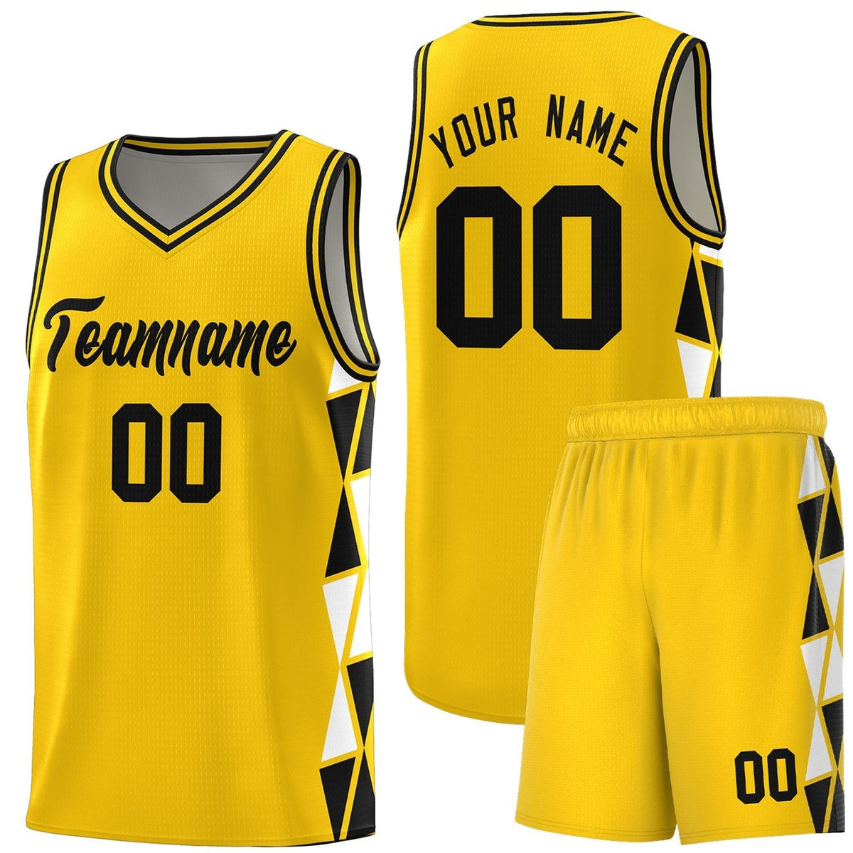 Custom Gold Black-White Side Two-Color Triangle Splicing Sports Uniform Basketball Jersey