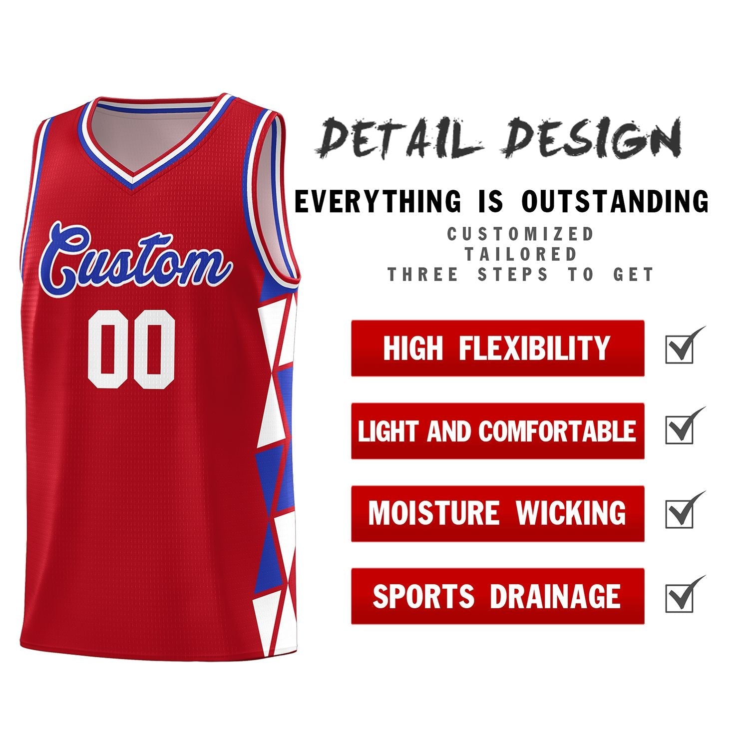 Custom Red White-Royal Side Two-Color Triangle Splicing Sports Uniform Basketball Jersey