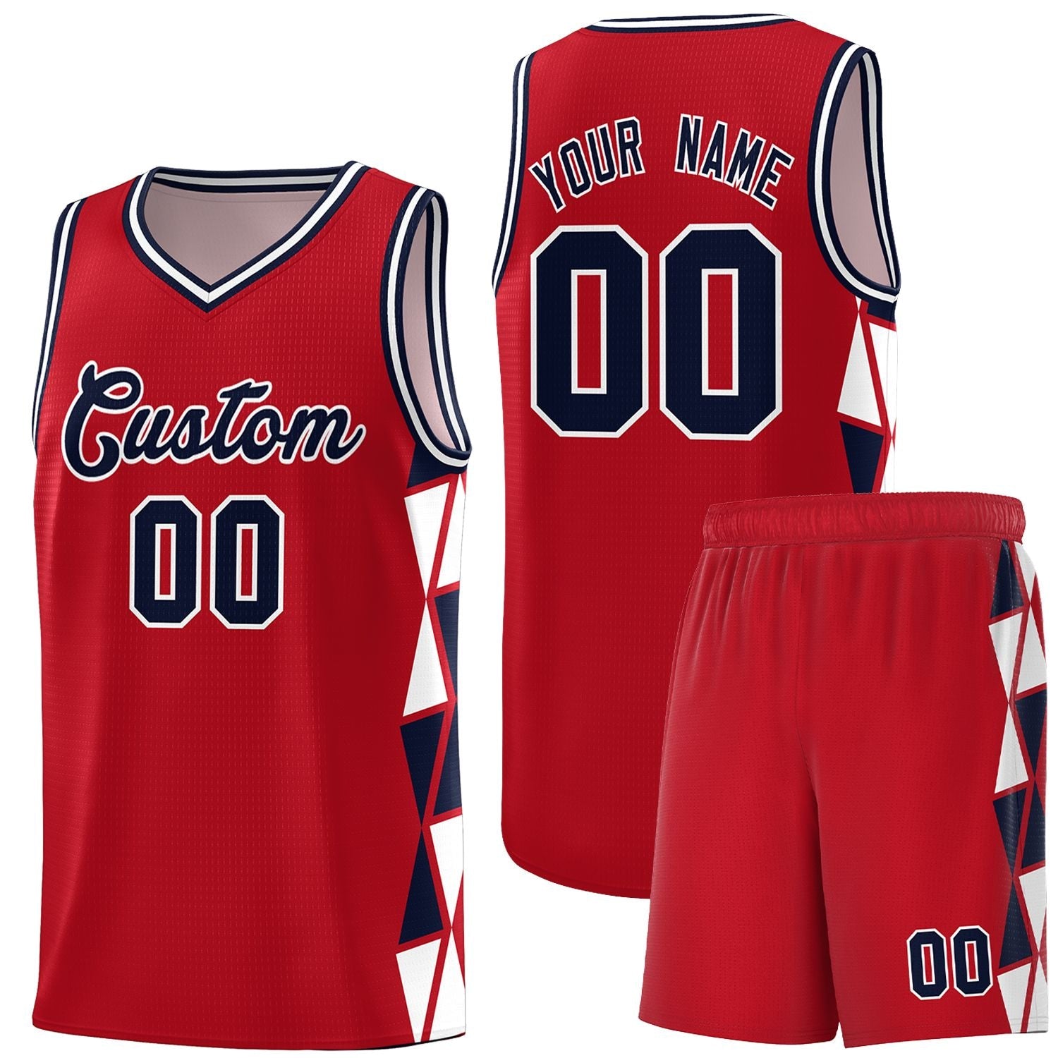 Custom Red Navy-White Side Two-Color Triangle Splicing Sports Uniform Basketball Jersey