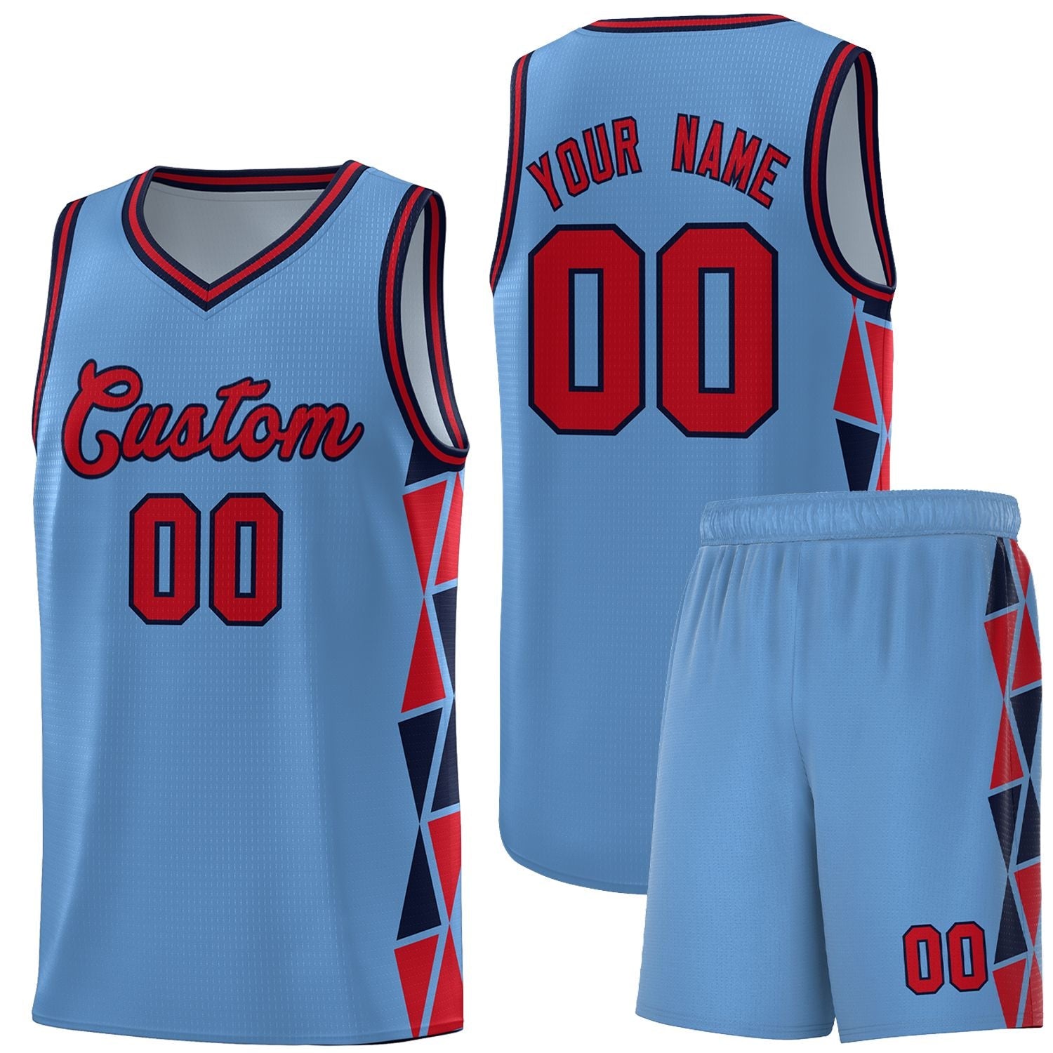 Custom Light Blue Red-Navy Side Two-Color Triangle Splicing Sports Uniform Basketball Jersey