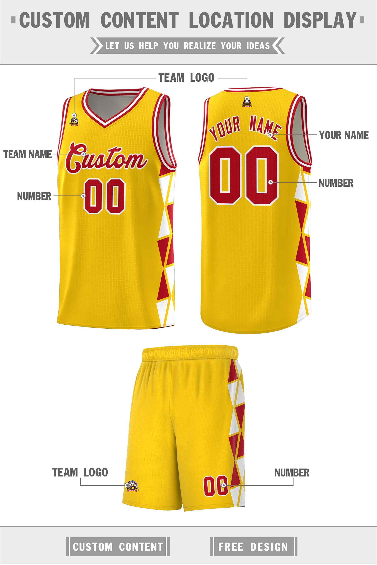 Custom Gold Red-White Side Two-Color Triangle Splicing Sports Uniform Basketball Jersey