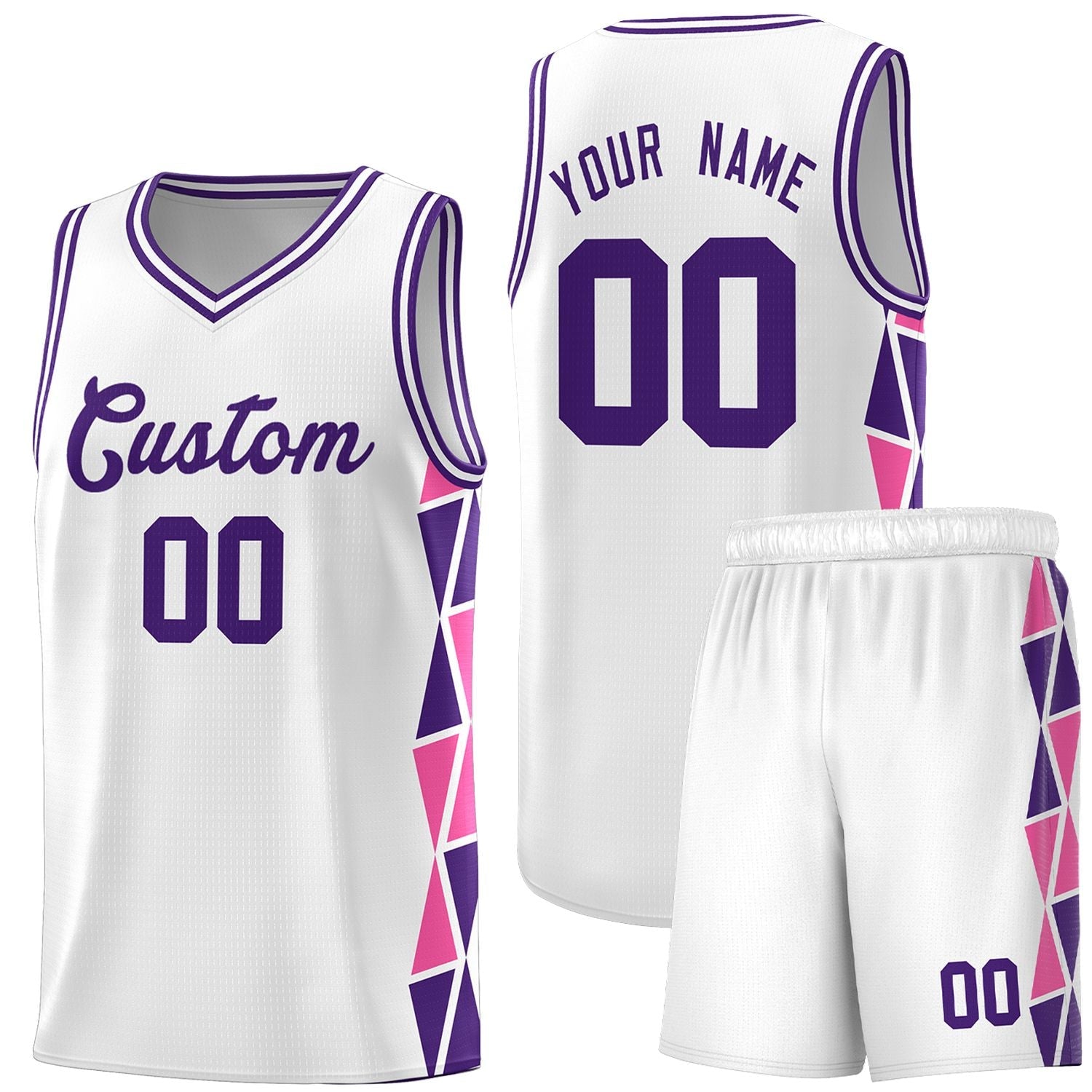Custom White Purple-Pink Side Two-Color Triangle Splicing Sports Uniform Basketball Jersey