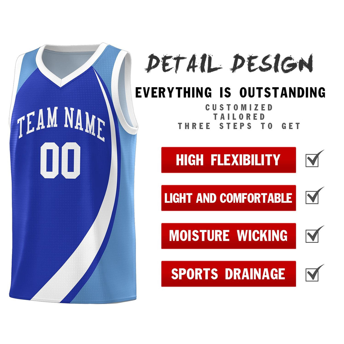 Custom Royal White-Light Blue Color Block Sports Uniform Basketball Jersey