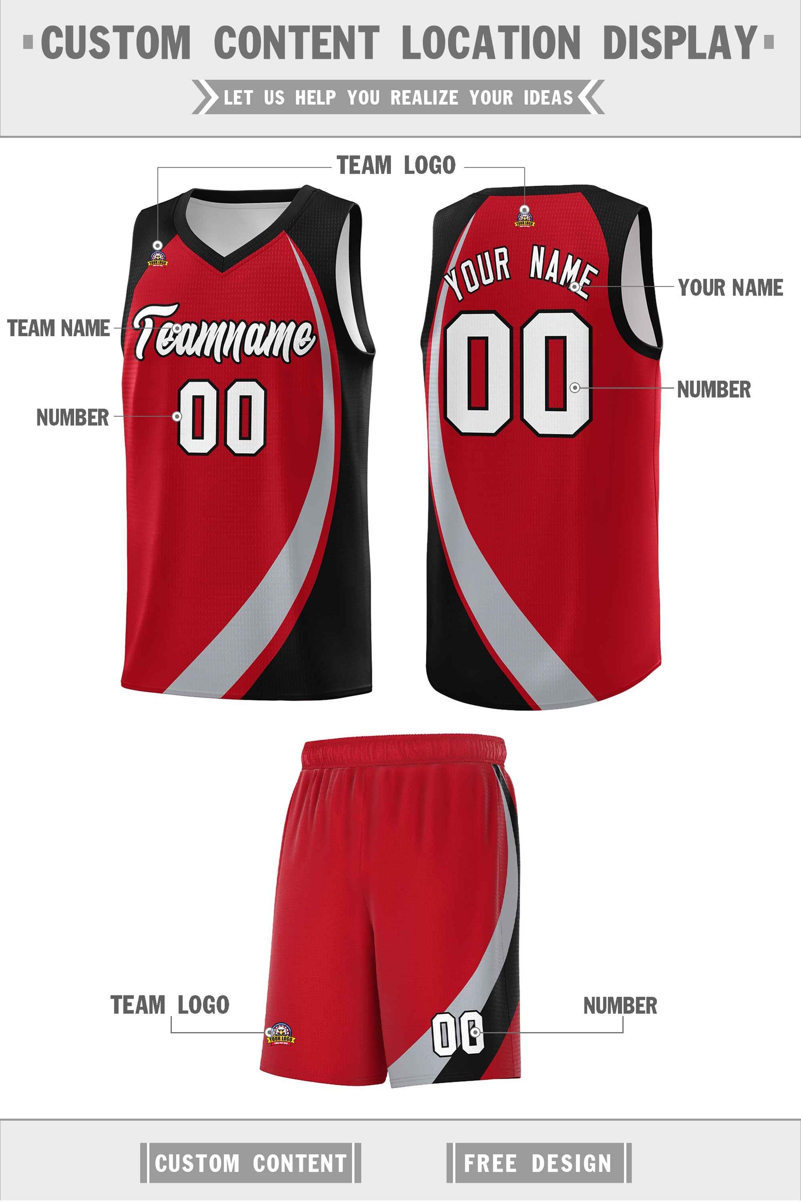 Custom Red Gray-Black Color Block Sports Uniform Basketball Jersey