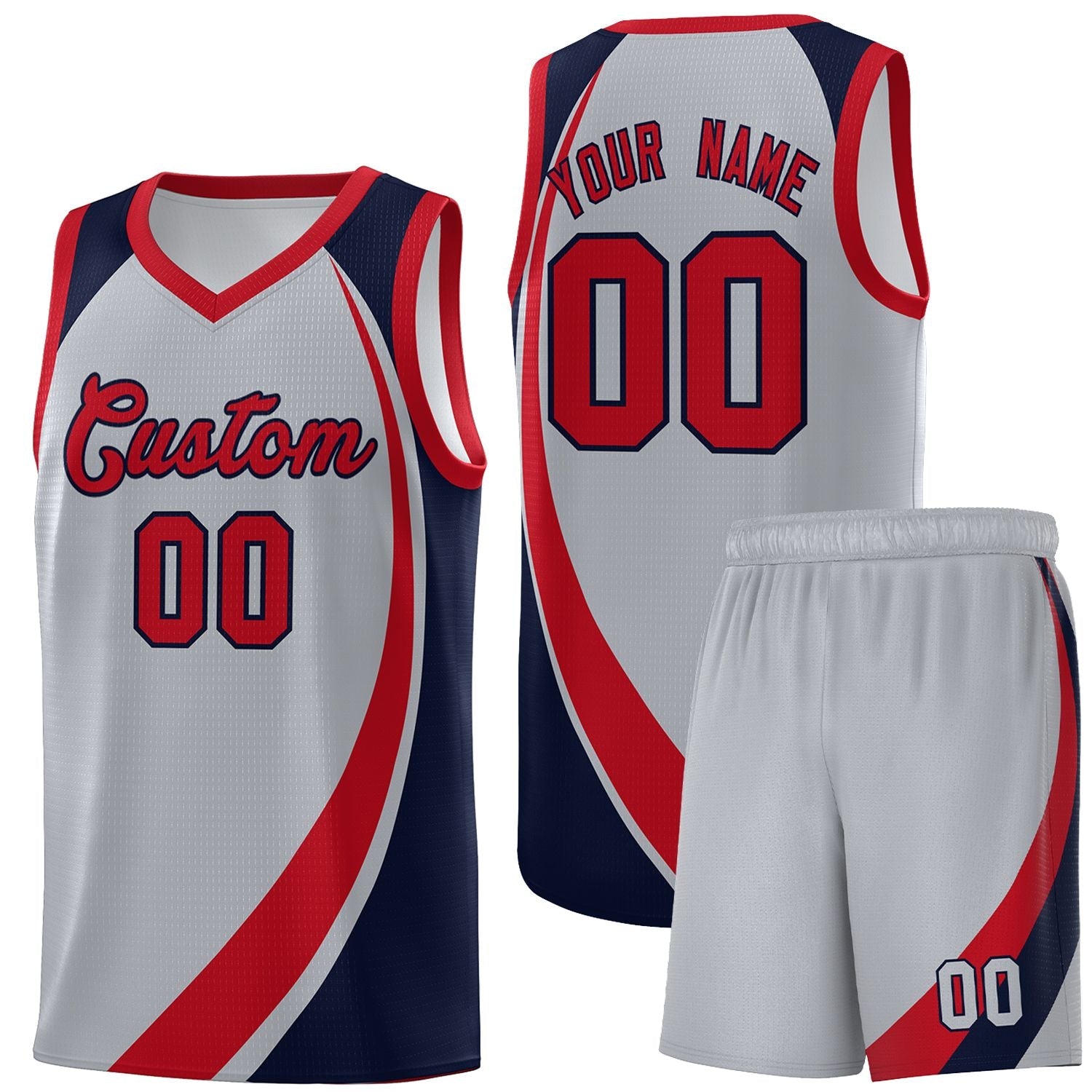 Custom Gray Red-Navy Color Block Sports Uniform Basketball Jersey