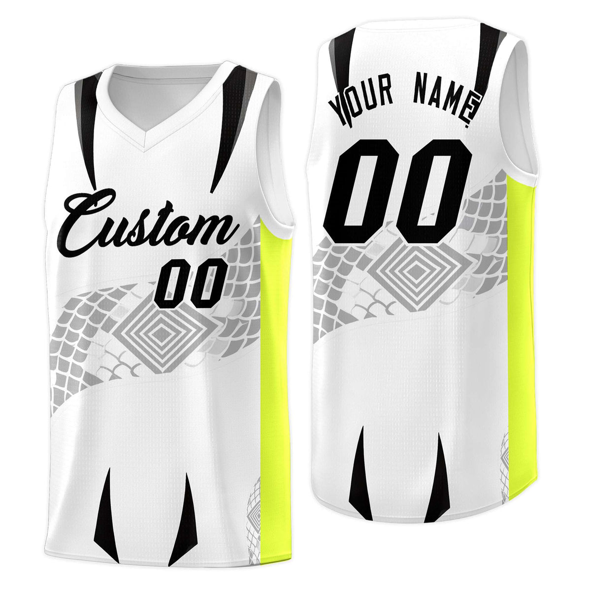 Custom White Neon Green Snake Scale Venomous Fang for Clubs Graffiti Pattern Basketball Suit Jersey