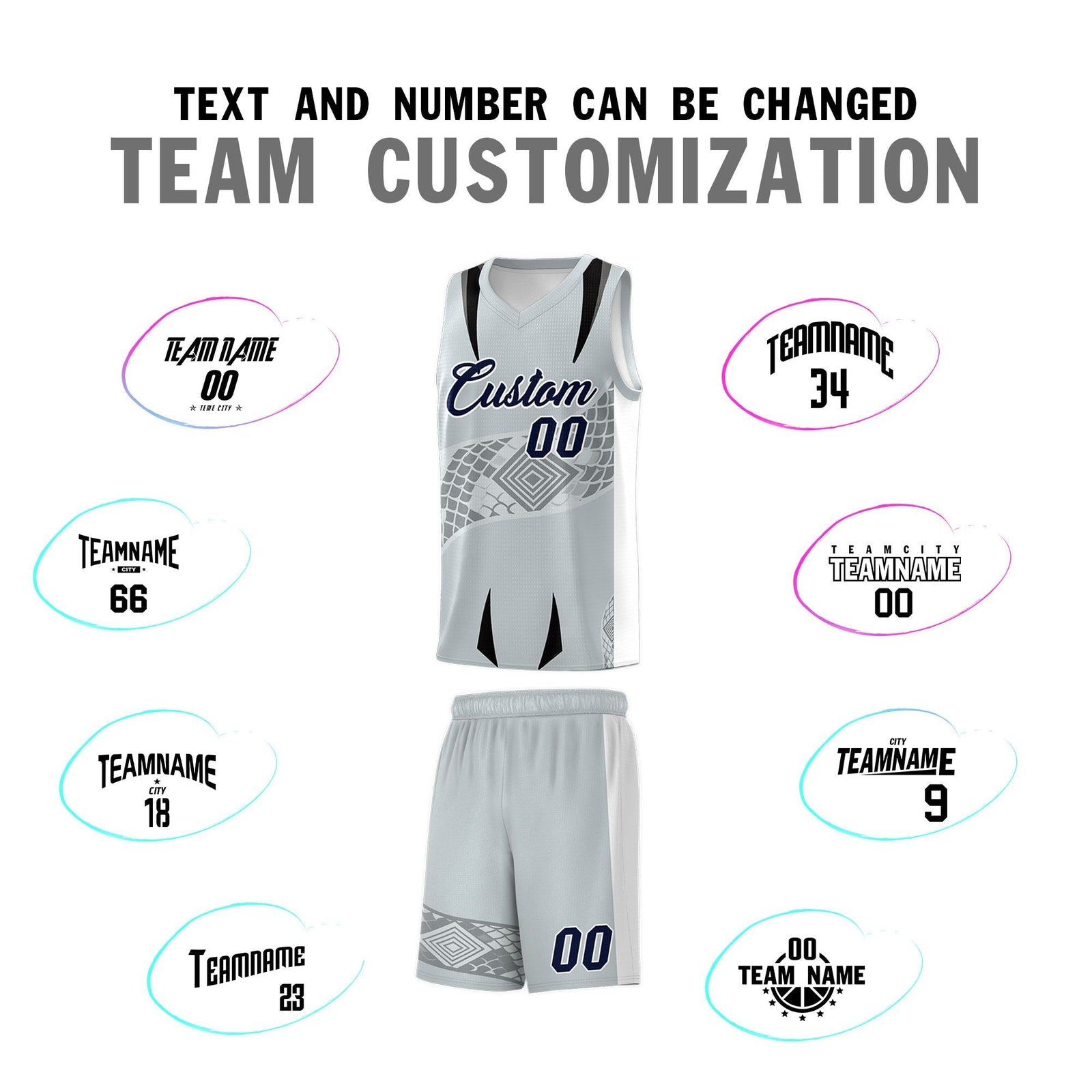 Custom Silver White Snake Scale Venomous Fang for Team Graffiti Pattern Basketball Suit Jersey