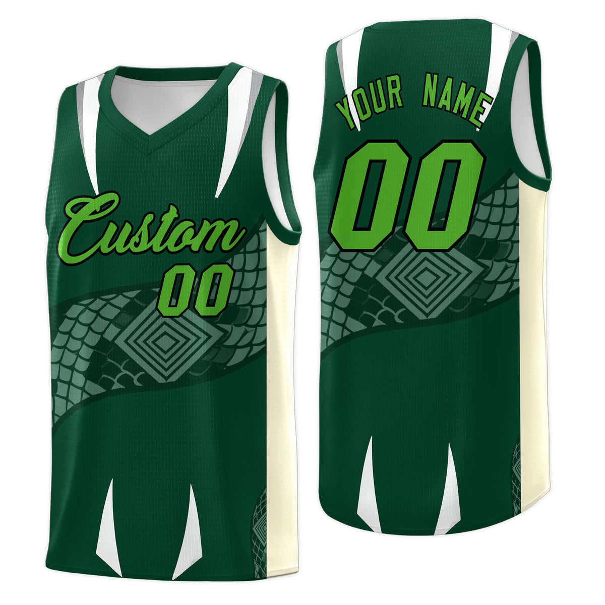 Custom Green Cream Snake Scale Venomous Fang Lightweight Graffiti Pattern Basketball Suit Jersey