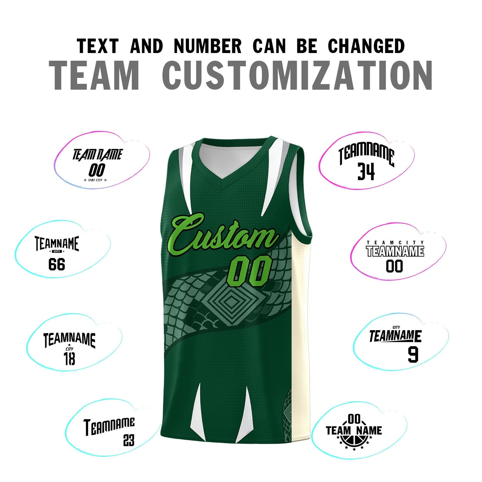 Custom Green Cream Snake Scale Venomous Fang Lightweight Graffiti Pattern Basketball Suit Jersey