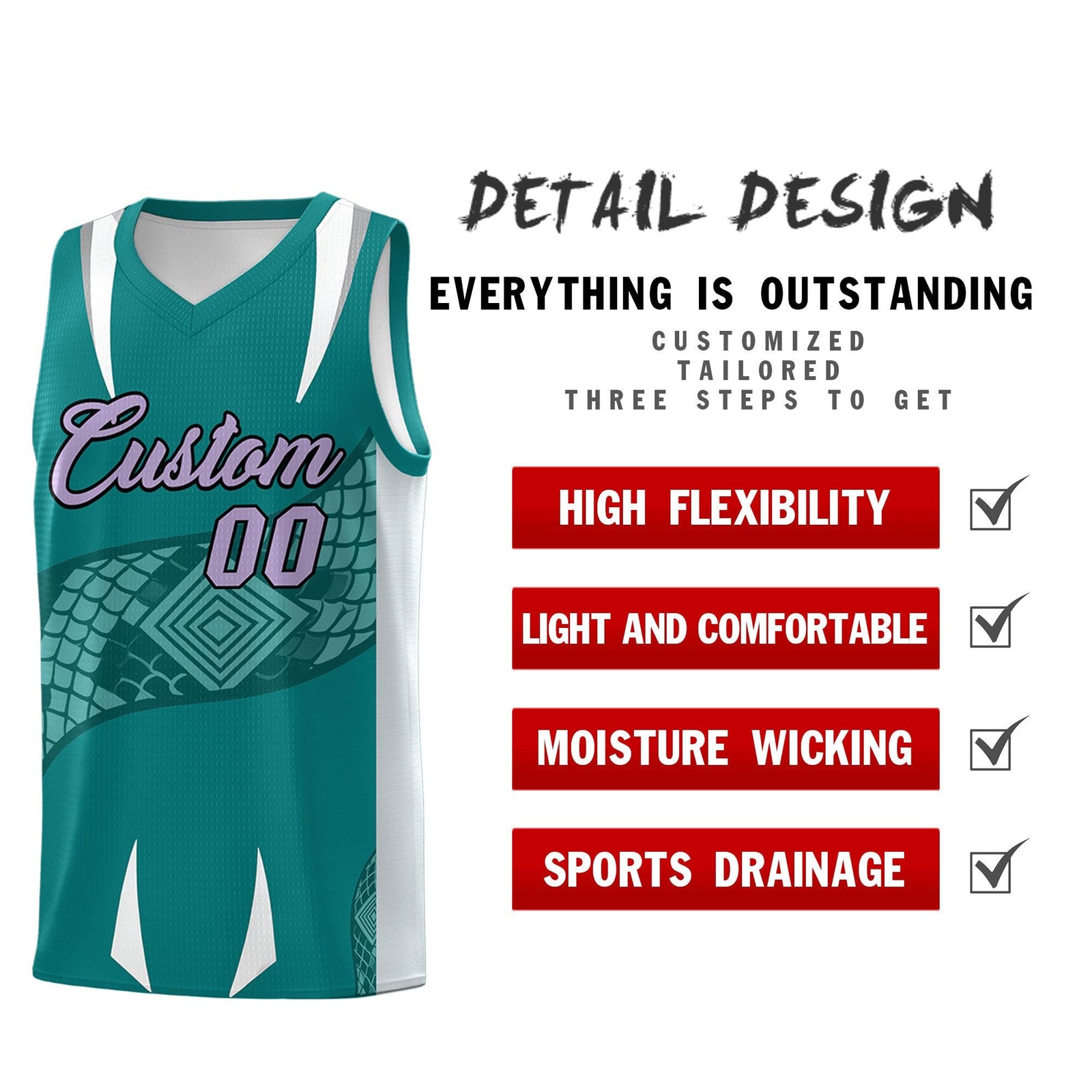 Custom Teal Silver Snake Scale Venomous Fang Breathable Graffiti Pattern Basketball Suit Jersey