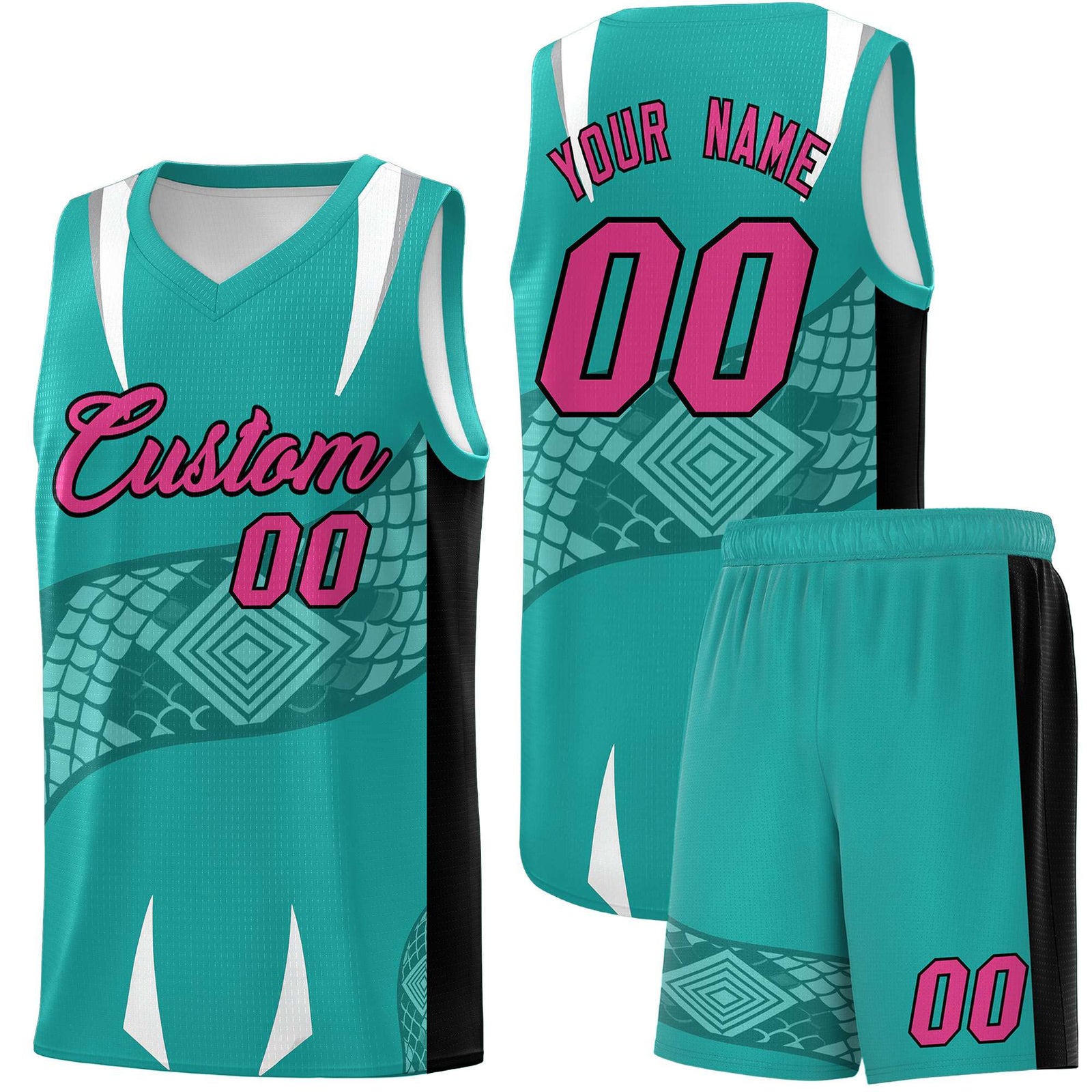Custom Aqua Black Snake Scale Venomous Fang Lightweight Graffiti Pattern Basketball Suit Jersey