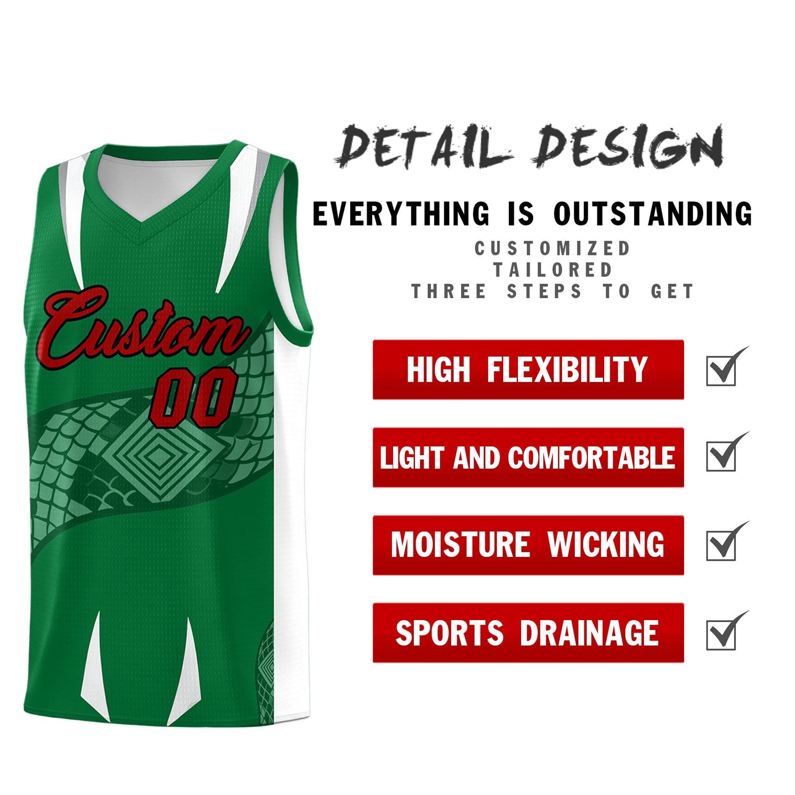 Custom Kelly Green White Snake Scale Venomous Fang Breathable Graffiti Pattern Basketball Suit Jersey