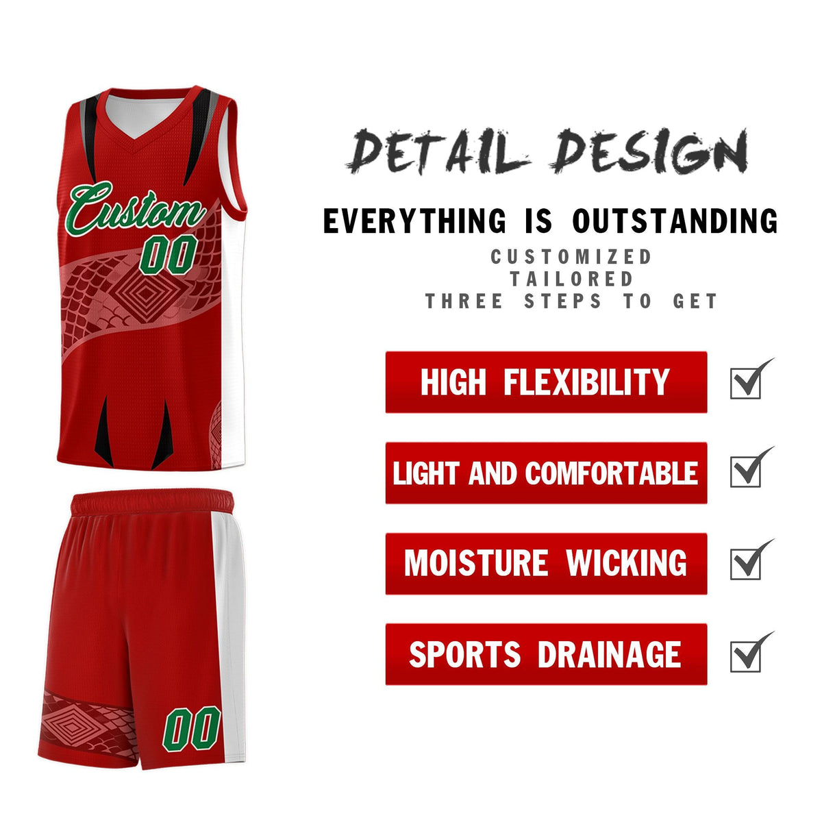 Custom Red White Snake Scale Venomous Fang for Clubs Graffiti Pattern Basketball Suit Jersey