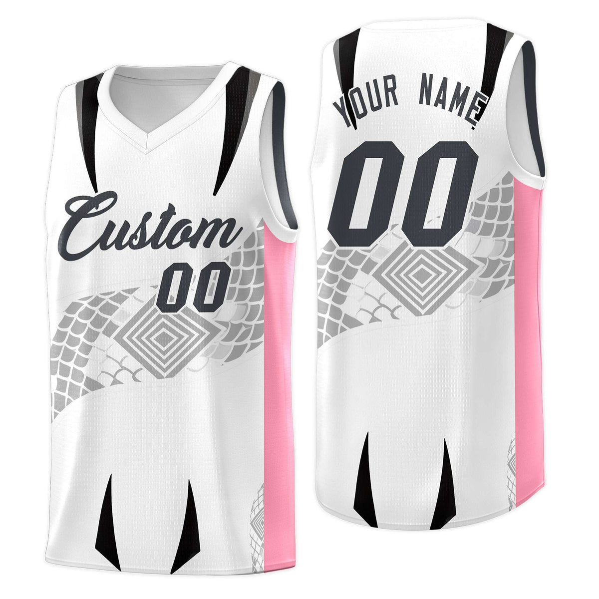 Custom White Light Pink Snake Scale Venomous Fang for Leagues Graffiti Pattern Basketball Suit Jersey
