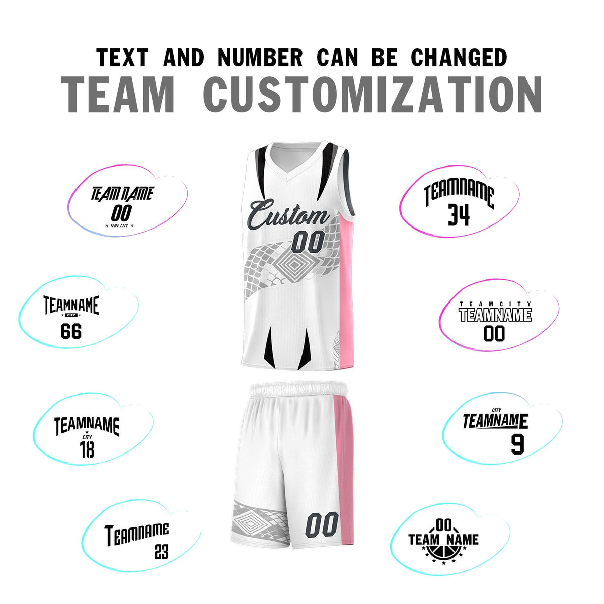 Custom White Light Pink Snake Scale Venomous Fang for Leagues Graffiti Pattern Basketball Suit Jersey
