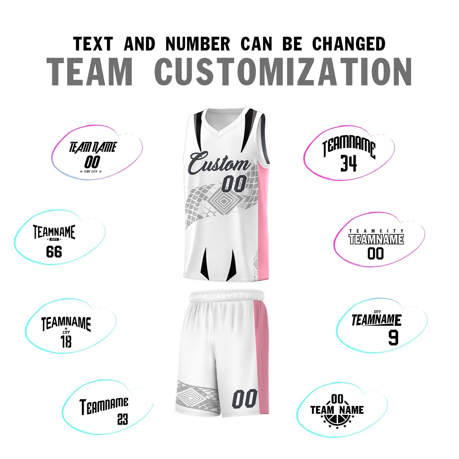 Custom White Light Pink Snake Scale Venomous Fang for Leagues Graffiti Pattern Basketball Suit Jersey