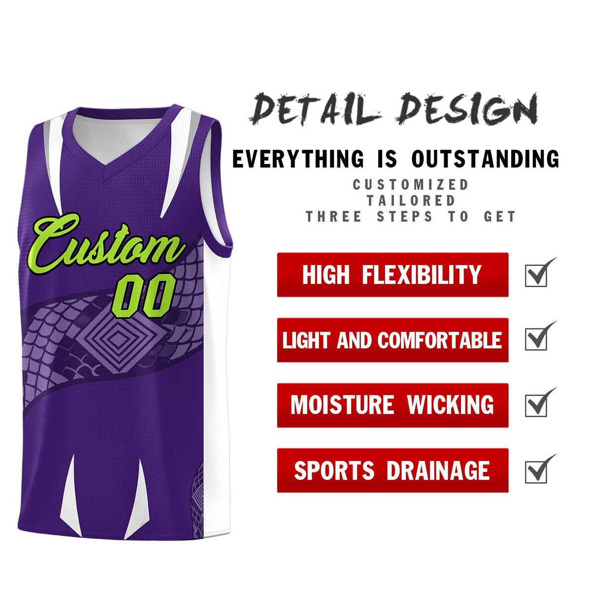 Custom Purple White Snake Scale Venomous Fang Breathable Graffiti Pattern Basketball Suit Jersey