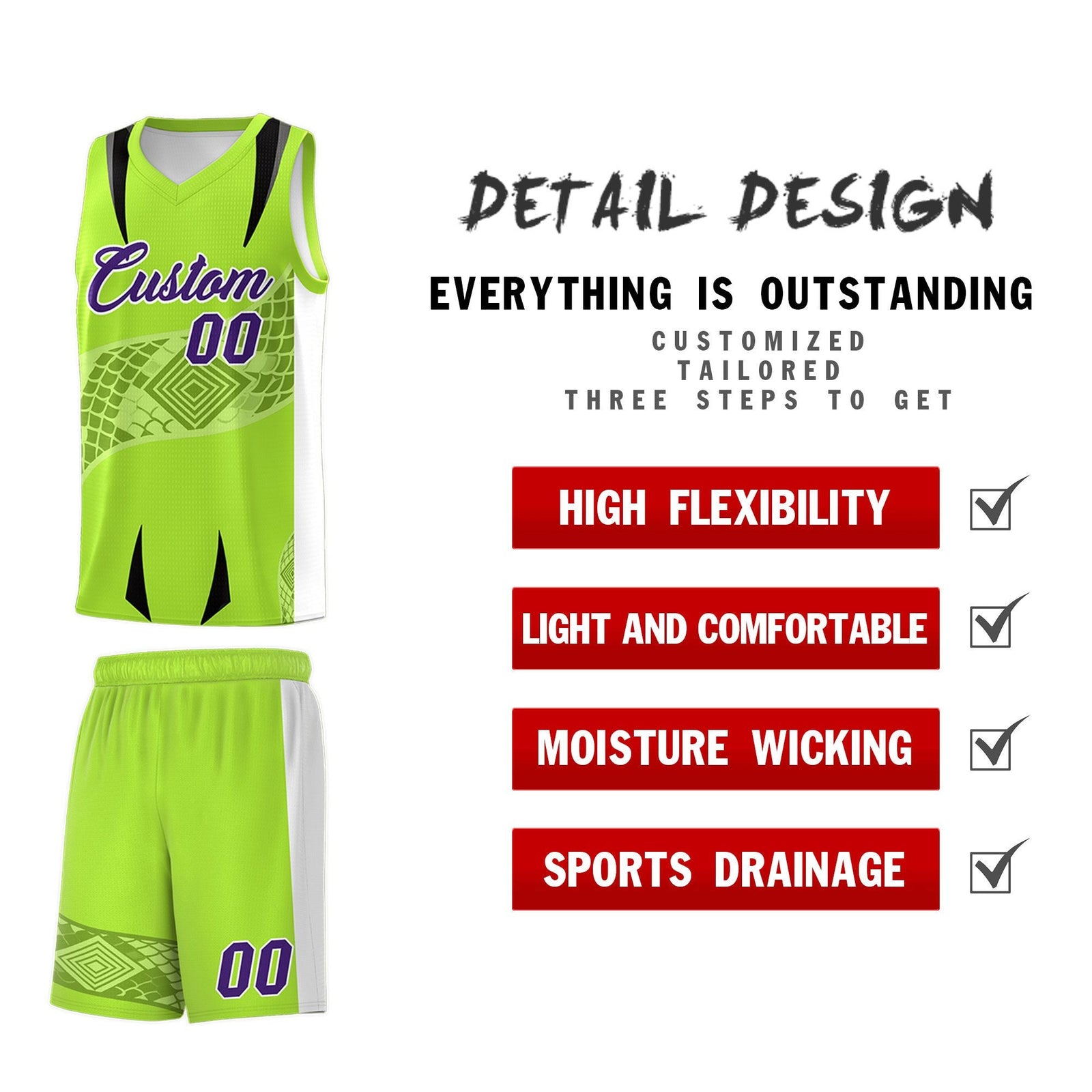 Custom Neon Green White Snake Scale Venomous Fang for Clubs Graffiti Pattern Basketball Suit Jersey