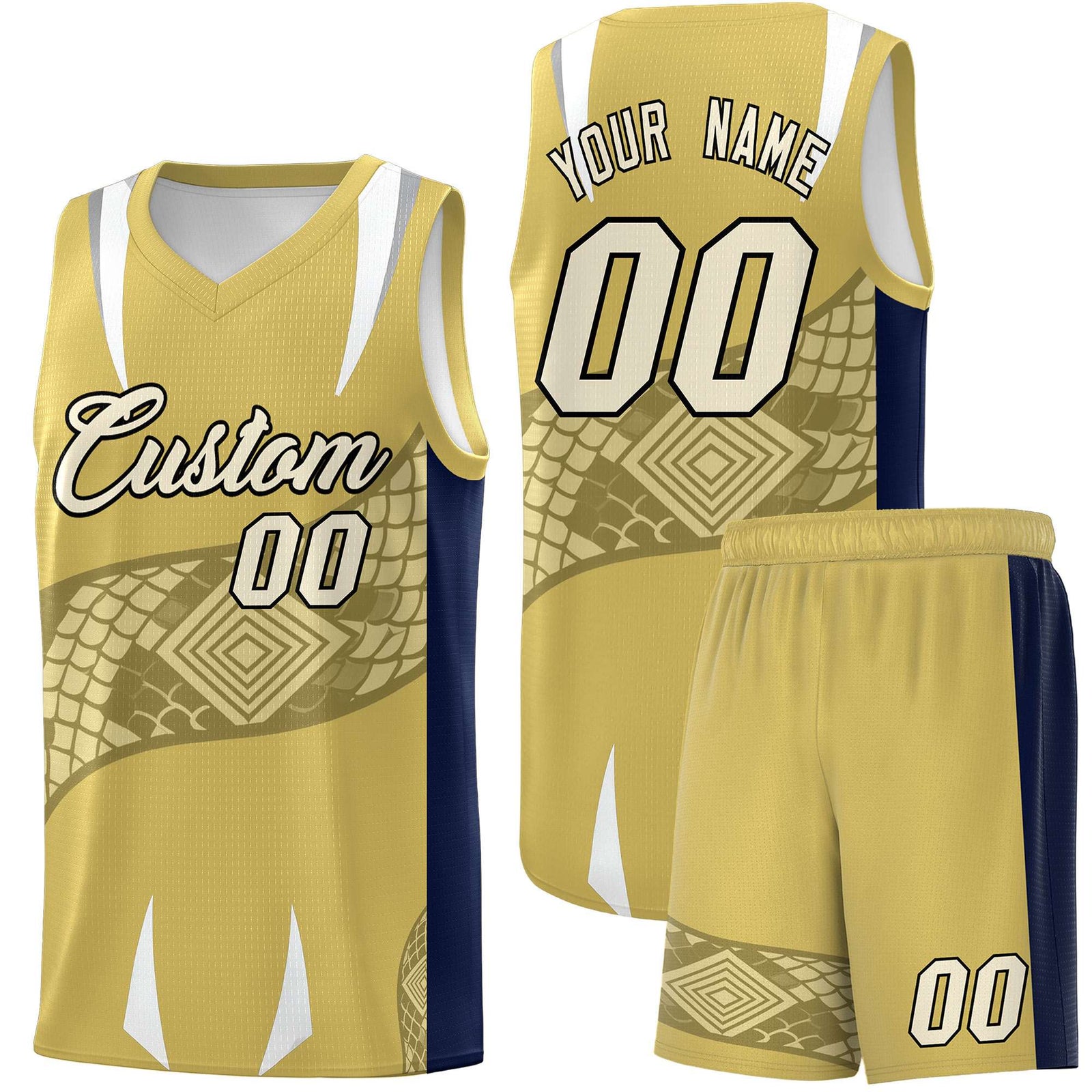 Custom Old Gold Navy Snake Scale Venomous Fang Drapable Graffiti Pattern Basketball Suit Jersey