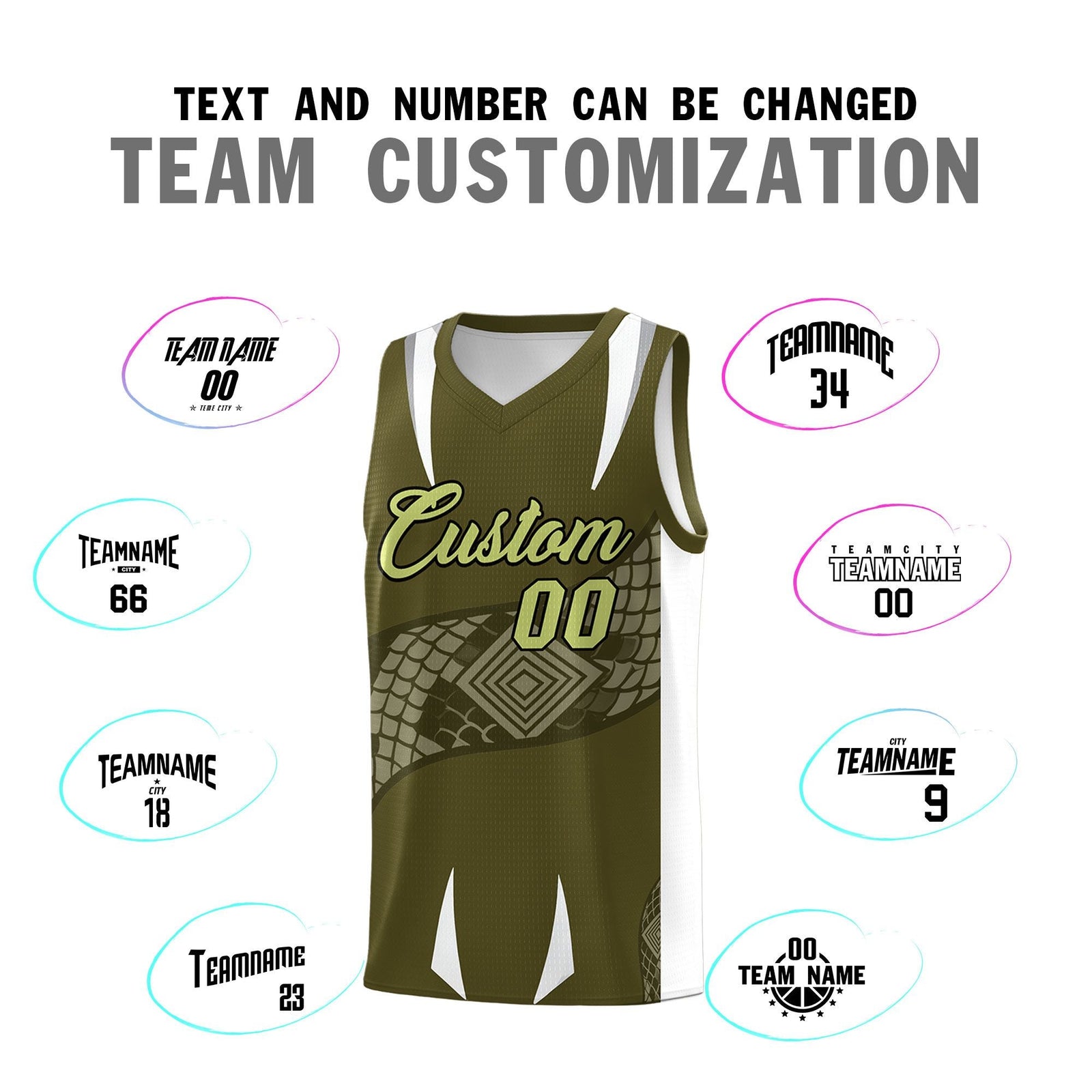 Custom Olive White Snake Scale Venomous Fang Breathable Graffiti Pattern Basketball Suit Jersey