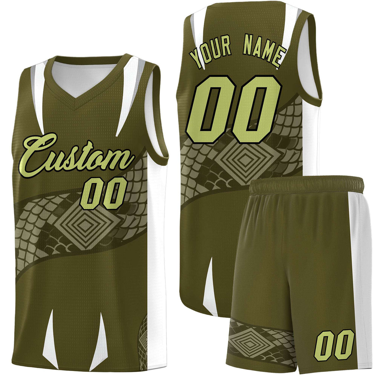Custom Olive White Snake Scale Venomous Fang Breathable Graffiti Pattern Basketball Suit Jersey