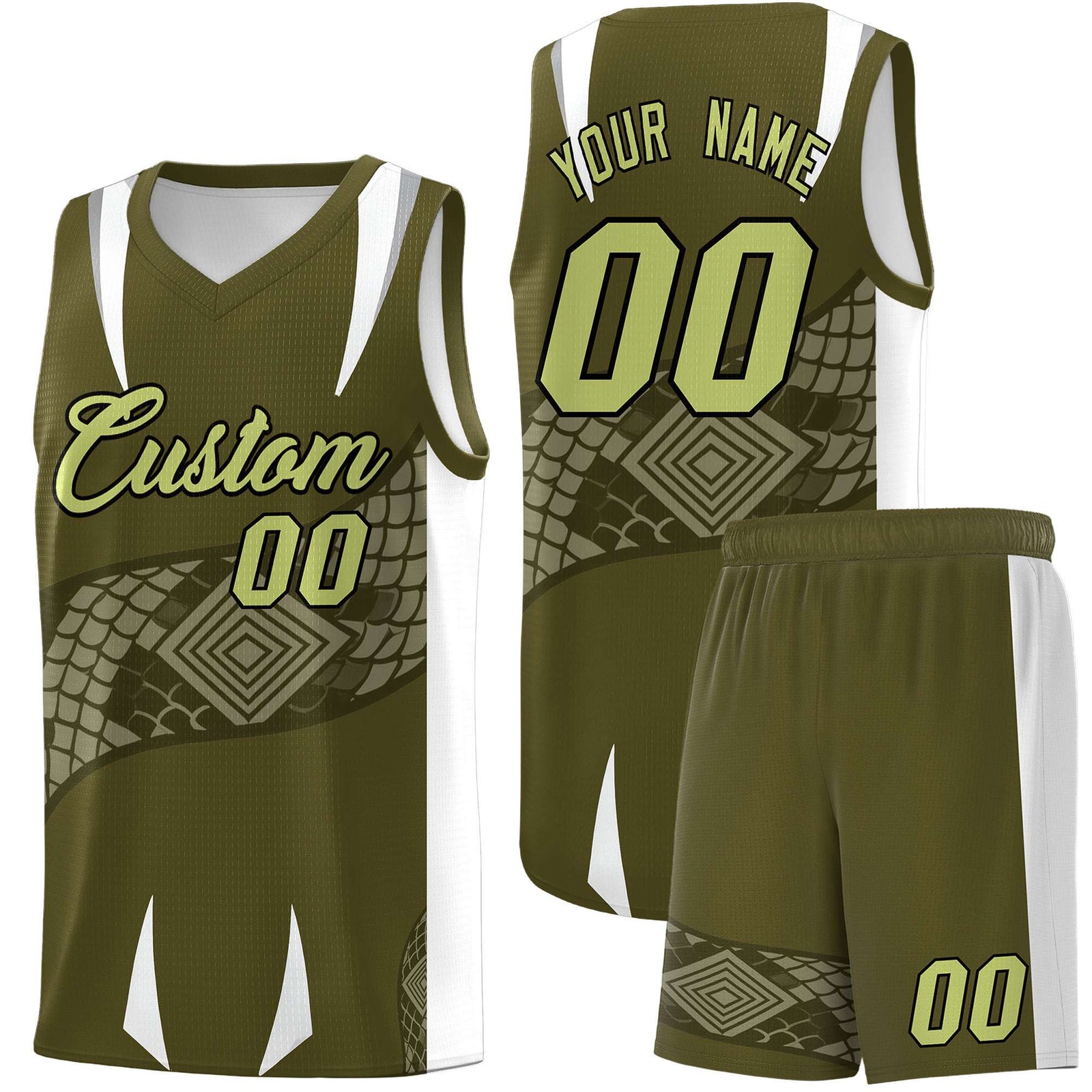 Custom Olive White Snake Scale Venomous Fang Breathable Graffiti Pattern Basketball Suit Jersey