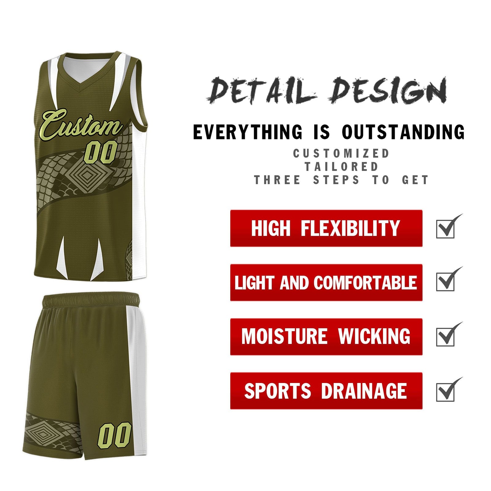 Custom Olive White Snake Scale Venomous Fang Breathable Graffiti Pattern Basketball Suit Jersey