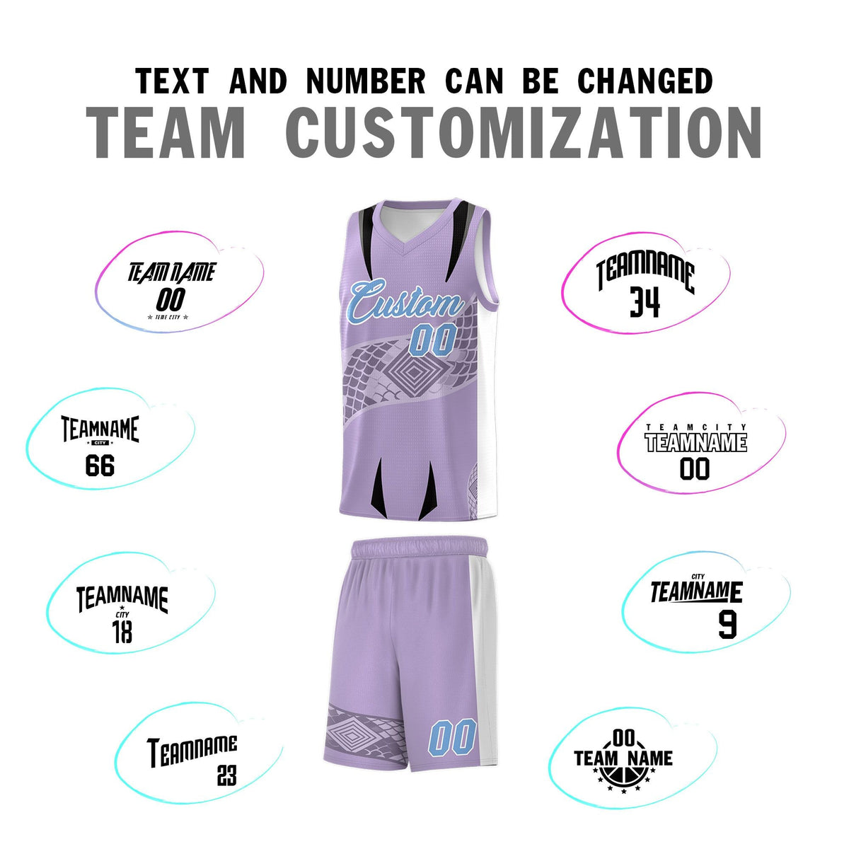 Custom Light Purple White Snake Scale Venomous Fang for Team Graffiti Pattern Basketball Suit Jersey