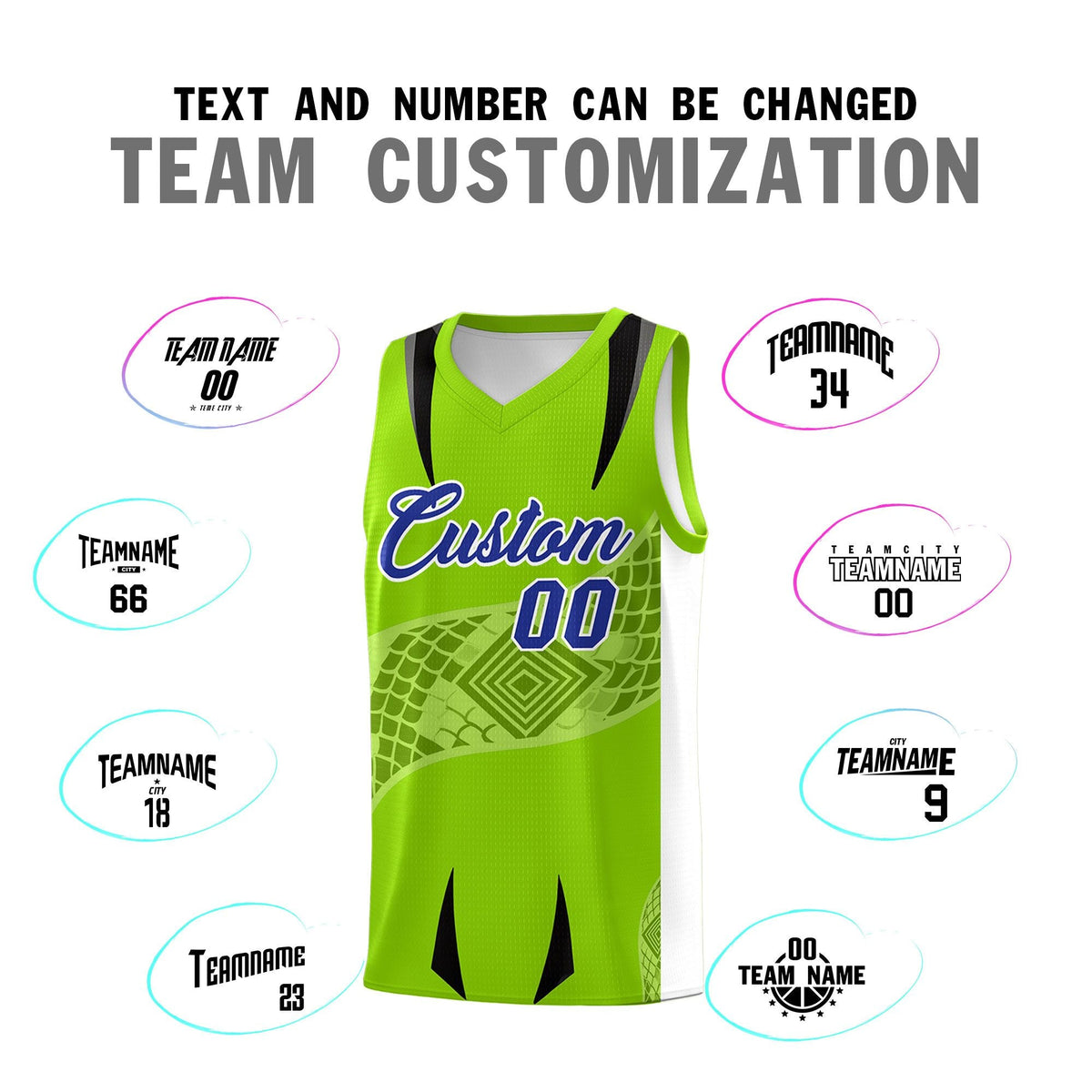 Custom Neon Green White Snake Scale Venomous Fang for Leagues Graffiti Pattern Basketball Suit Jersey