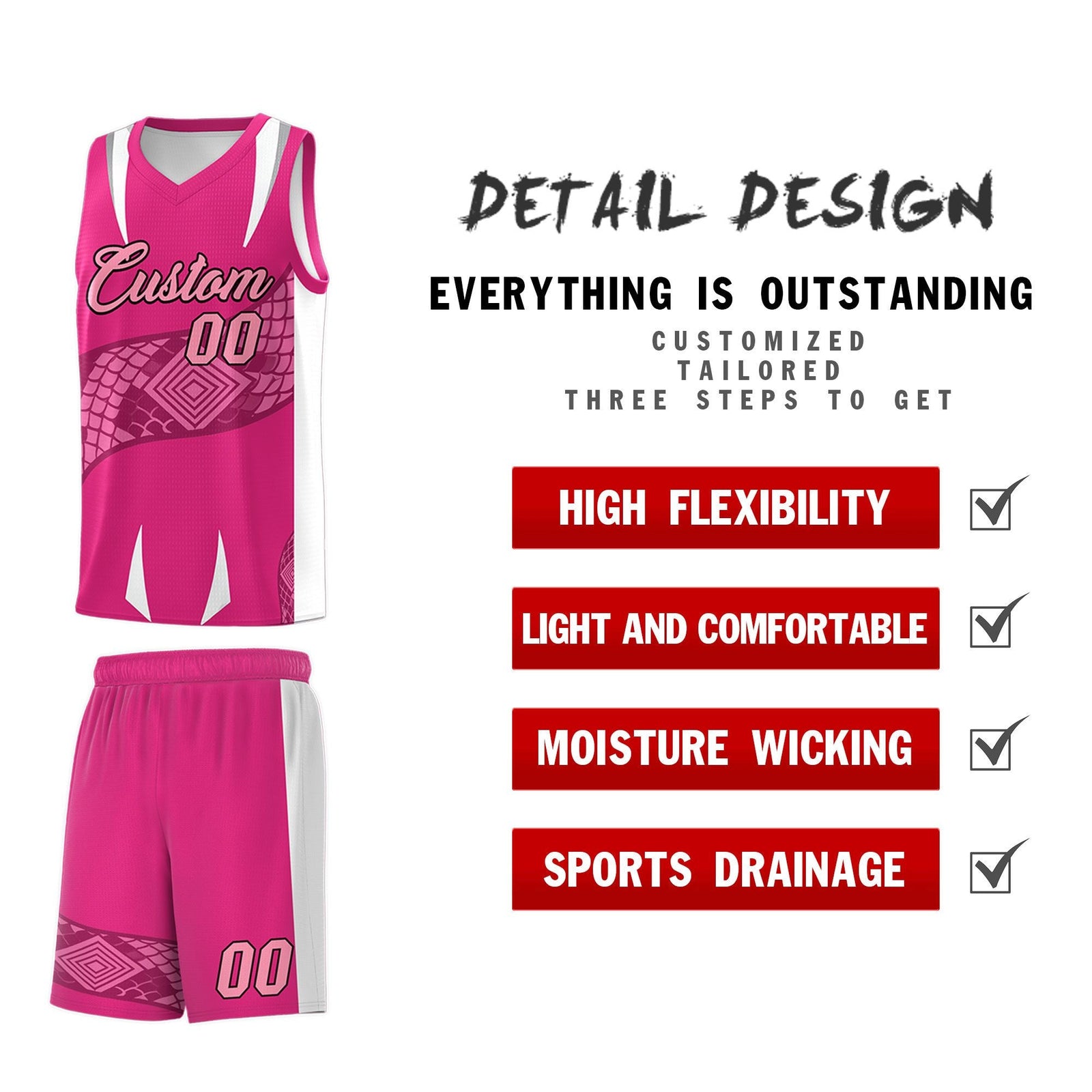 Custom Rose Red White Snake Scale Venomous Fang Breathable Graffiti Pattern Basketball Suit Jersey