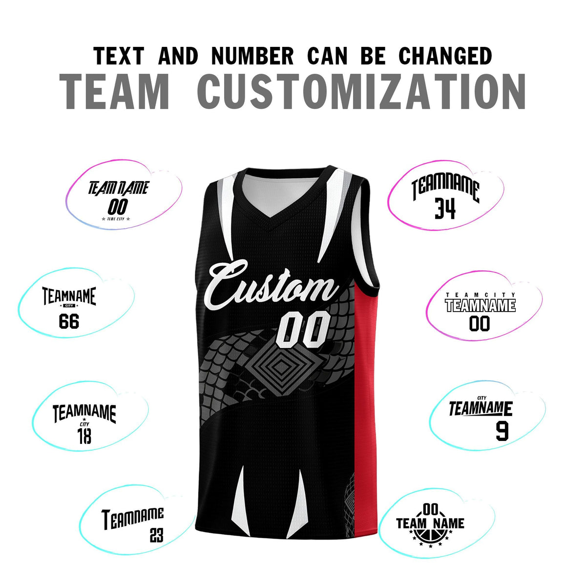 Custom Black Red  Snake Scale Venomous Fang Breathable Graffiti Pattern Basketball Suit Jersey