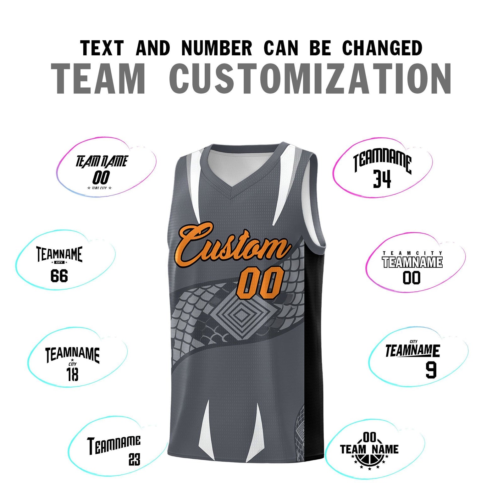 Custom Gray Black Snake Scale Venomous Fang Breathable Graffiti Pattern Basketball Suit Jersey