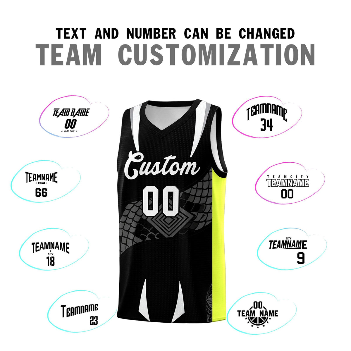 Custom Black Neon Green Snake Scale Venomous Fang Breathable Graffiti Pattern Basketball Suit Jersey