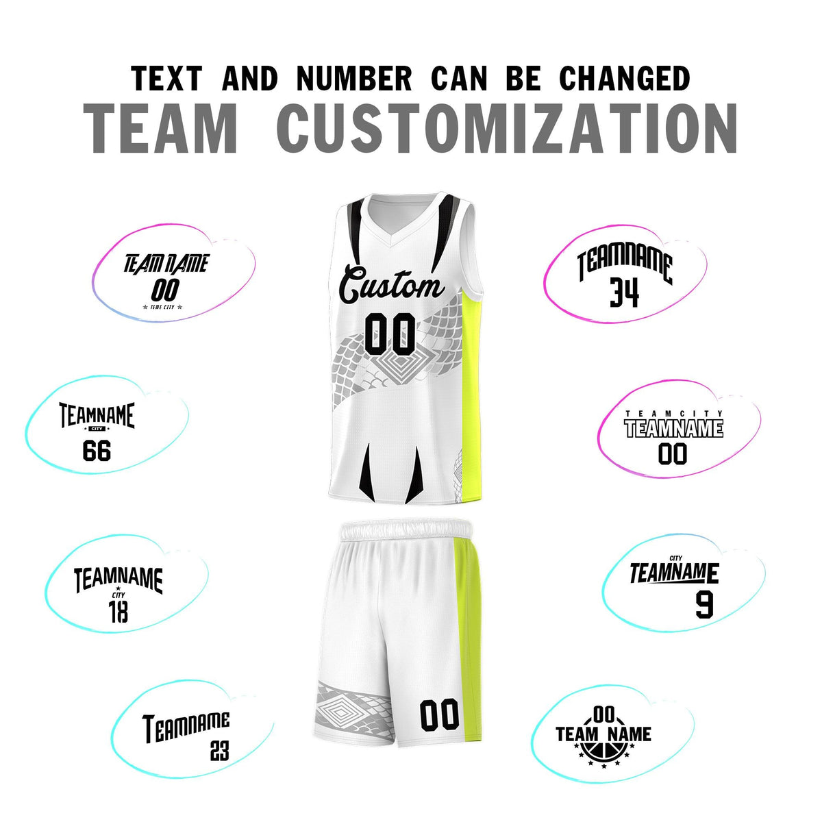 Custom White Neon Green Snake Scale Venomous Fang for Clubs Graffiti Pattern Basketball Suit Jersey