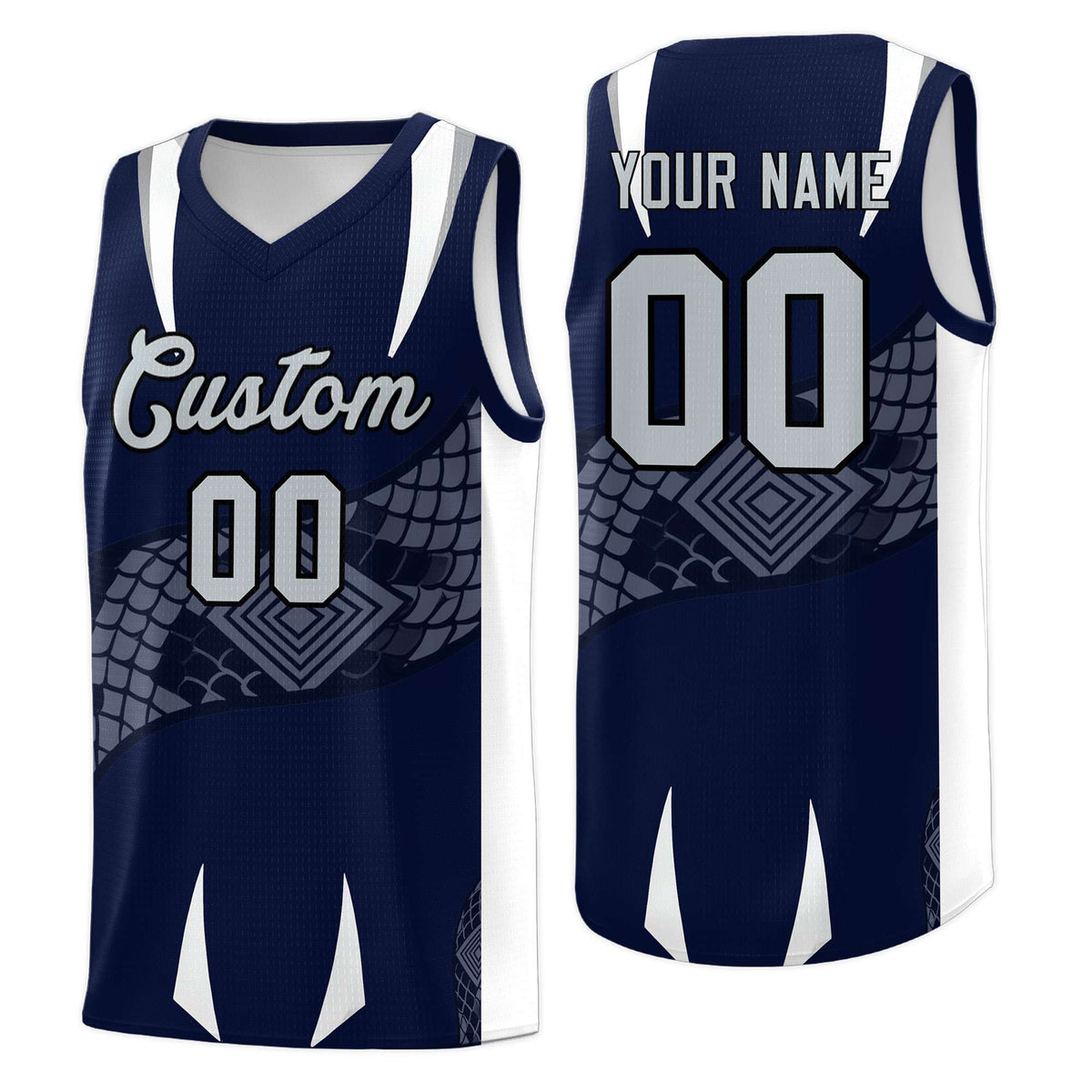 Custom Navy White Snake Scale Venomous Fang Lightweight Graffiti Pattern Basketball Suit Jersey