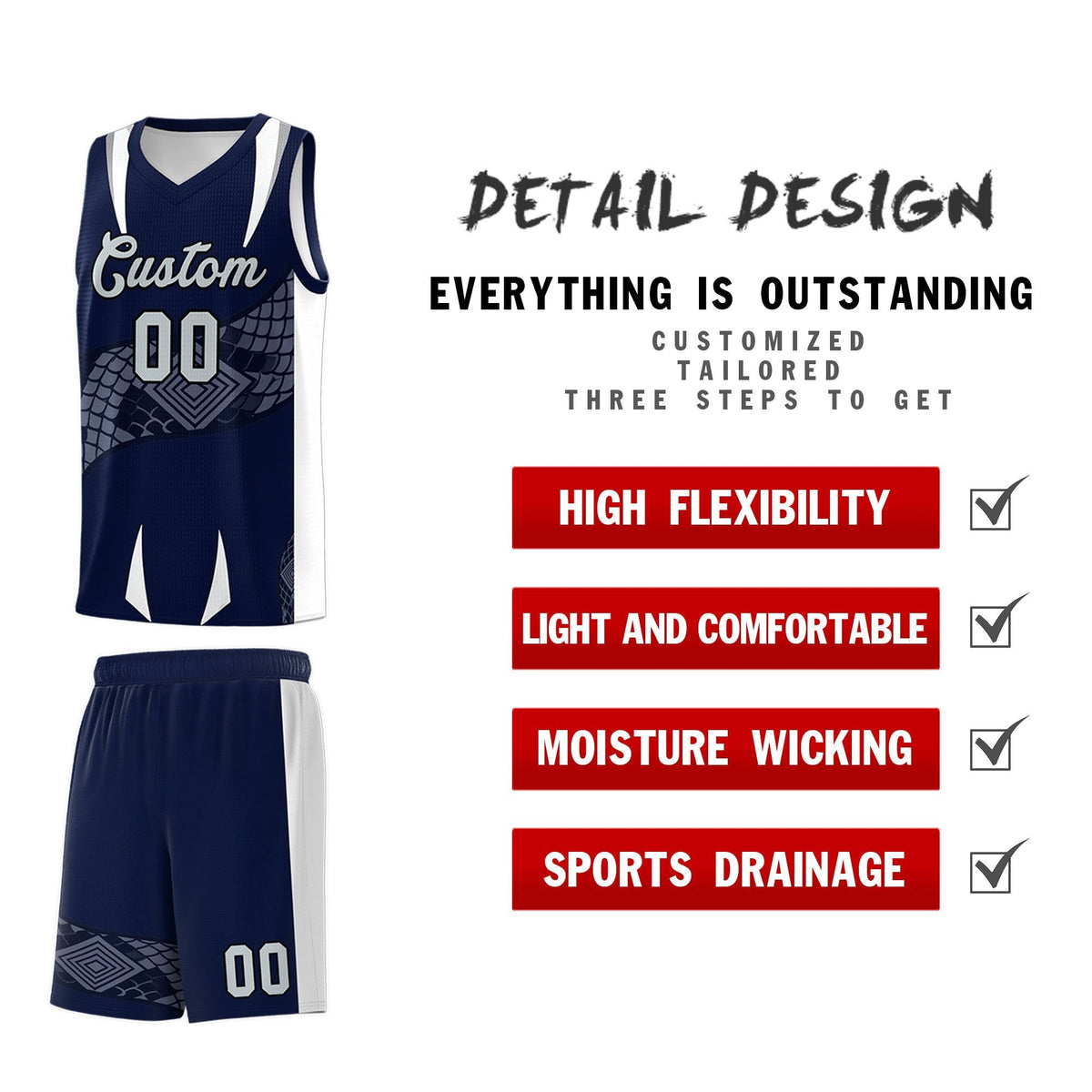Custom Navy White Snake Scale Venomous Fang Lightweight Graffiti Pattern Basketball Suit Jersey