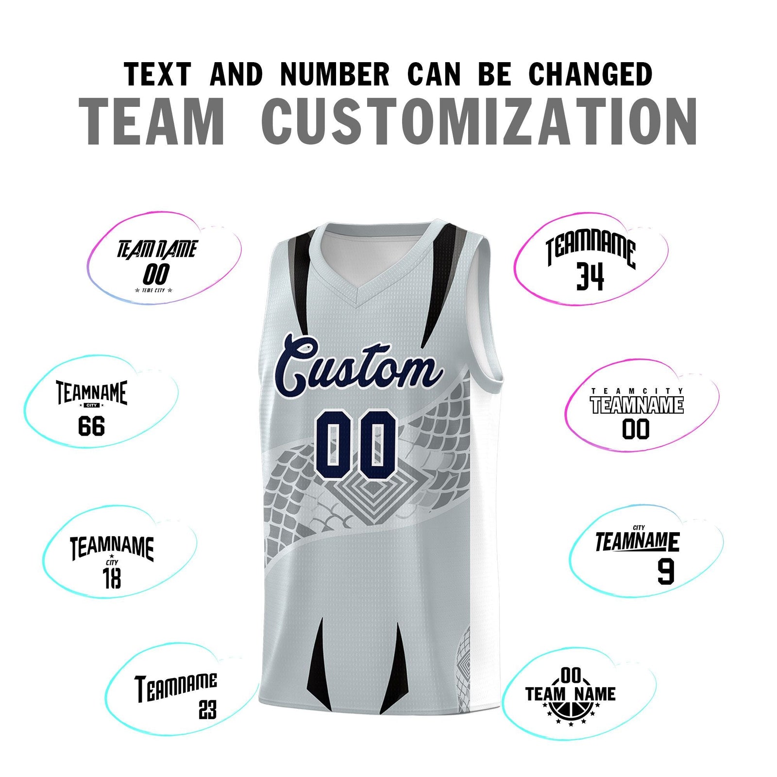 Custom Silver White Snake Scale Venomous Fang for Team Graffiti Pattern Basketball Suit Jersey