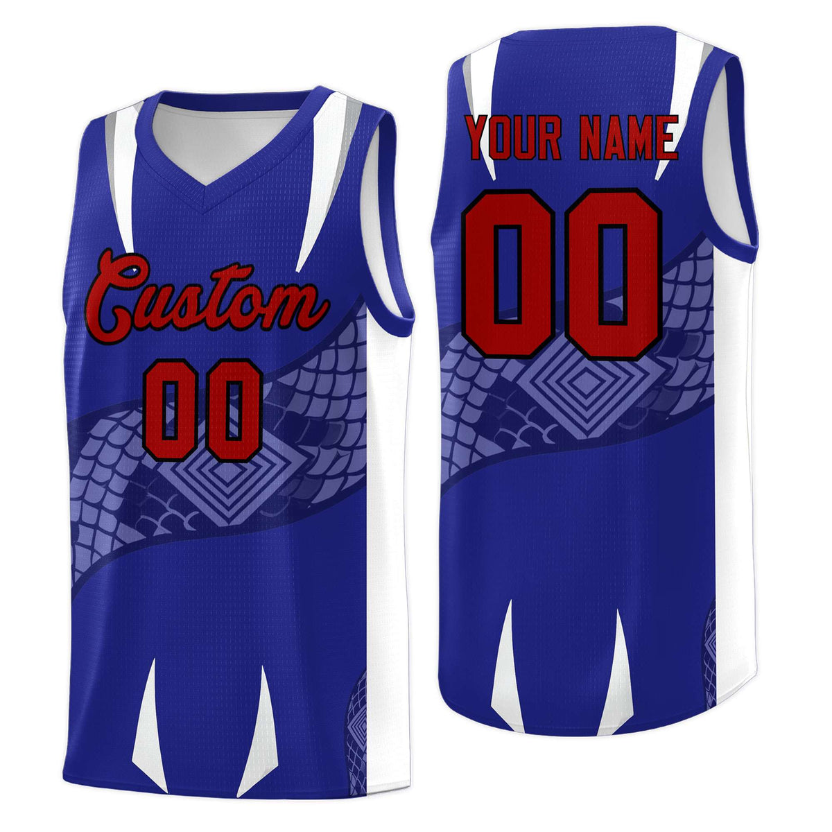 Custom Royal White Snake Scale Venomous Fang Drapable Graffiti Pattern Basketball Suit Jersey