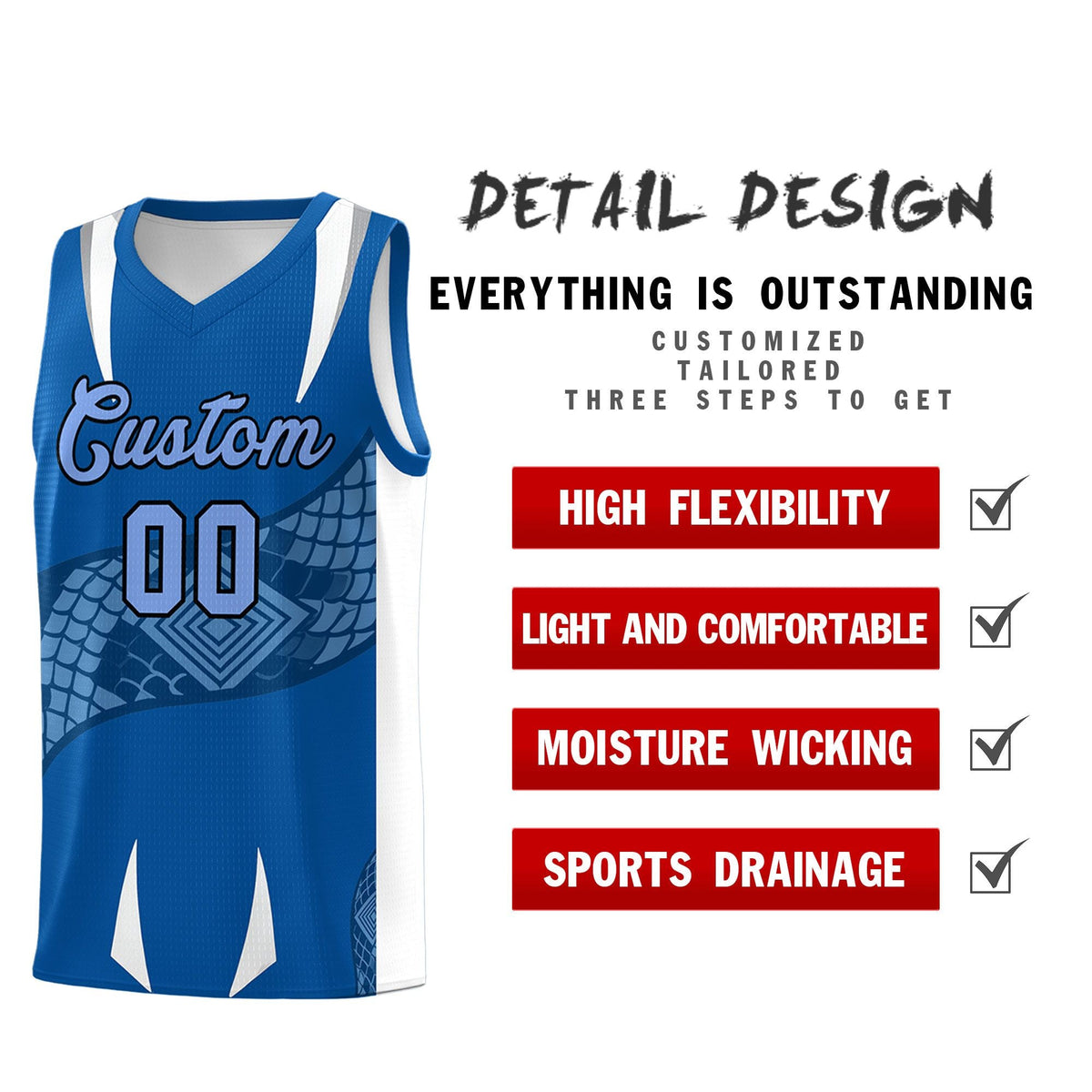 Custom Royal White Snake Scale Venomous Fang Breathable Graffiti Pattern Basketball Suit Jersey
