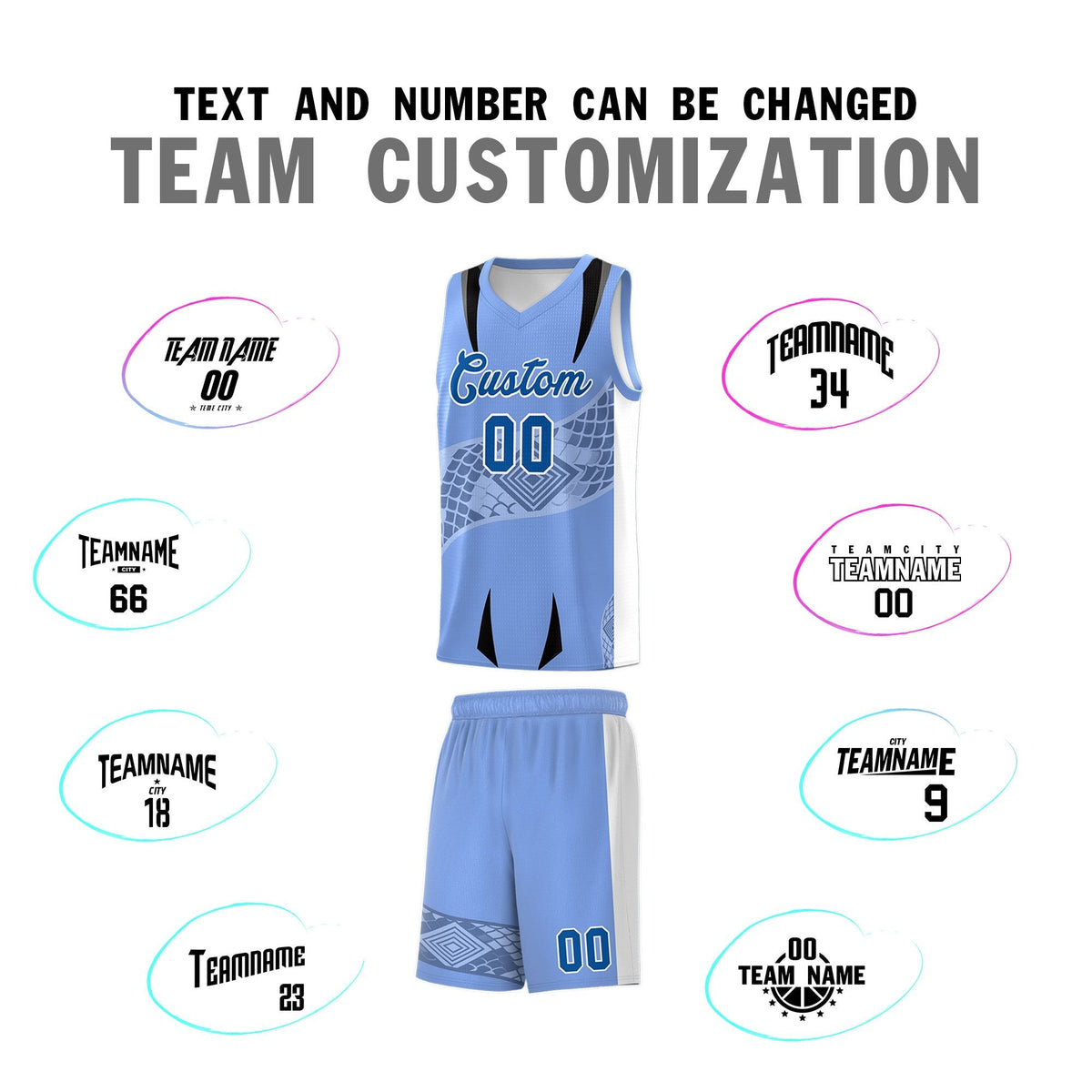 Custom Light Blue White Snake Scale Venomous Fang for Clubs Graffiti Pattern Basketball Suit Jersey