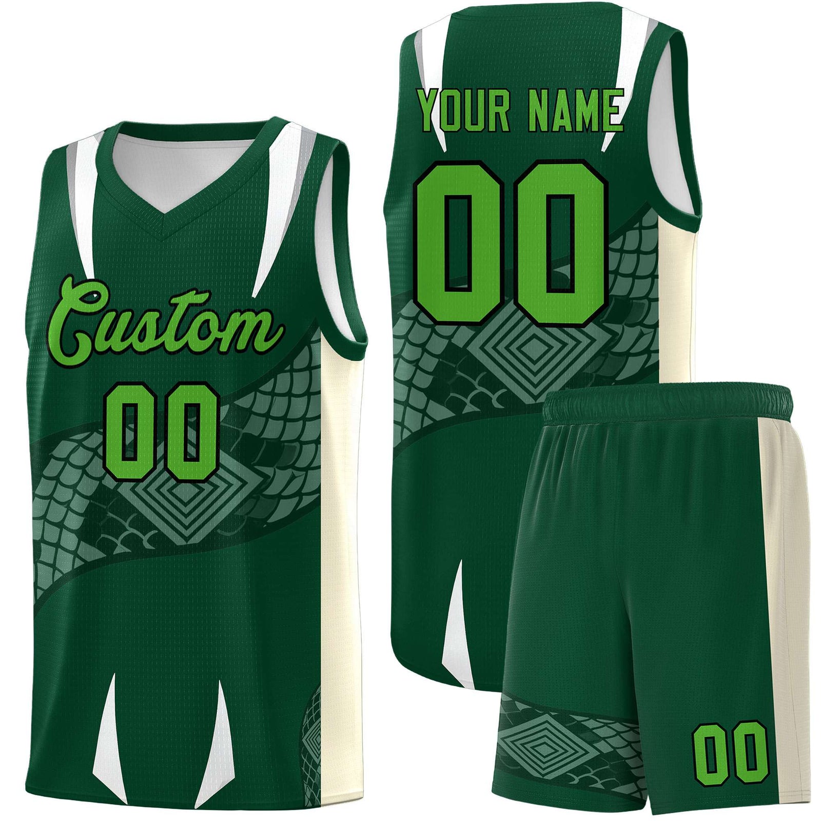 Custom Green Cream Snake Scale Venomous Fang Lightweight Graffiti Pattern Basketball Suit Jersey