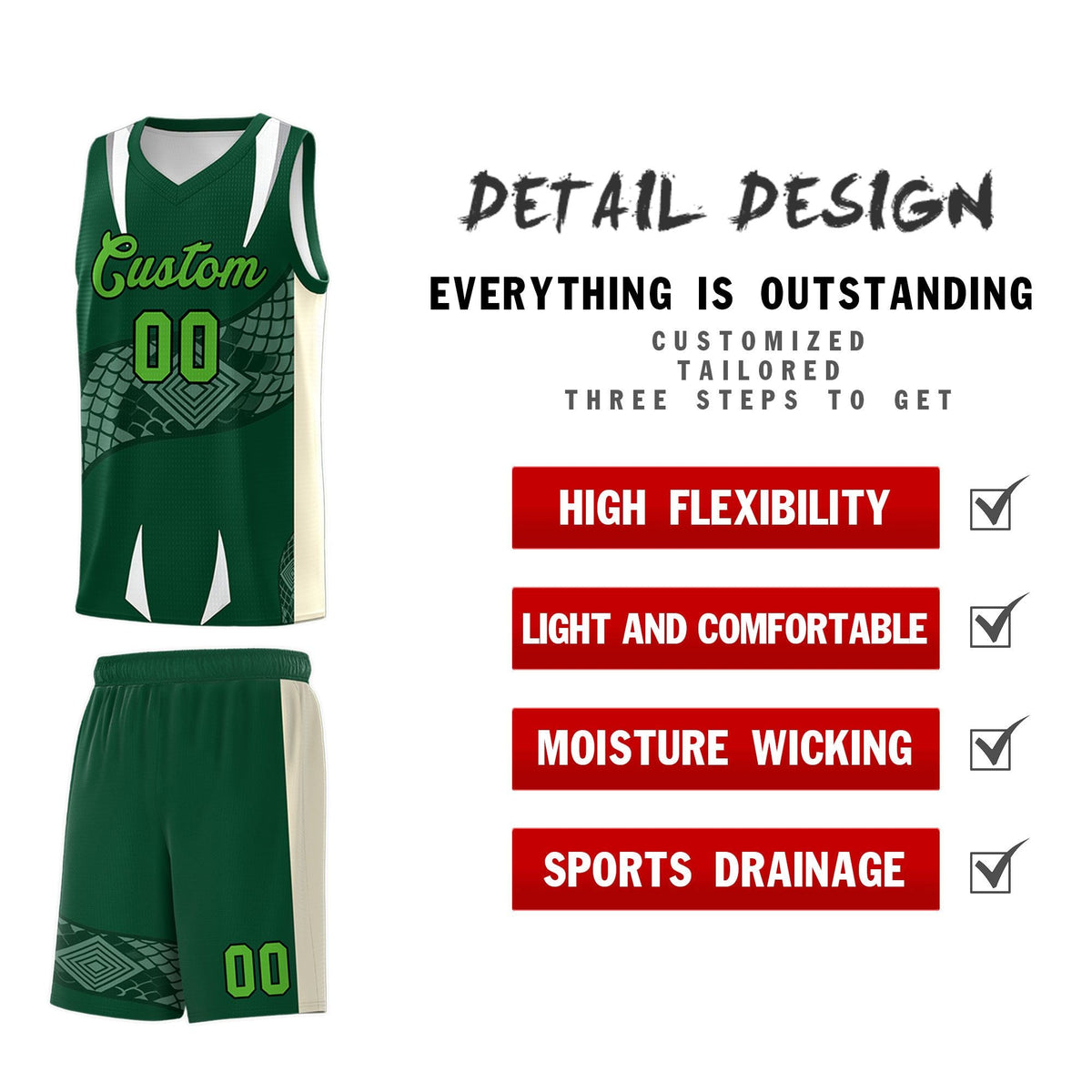 Custom Green Cream Snake Scale Venomous Fang Lightweight Graffiti Pattern Basketball Suit Jersey