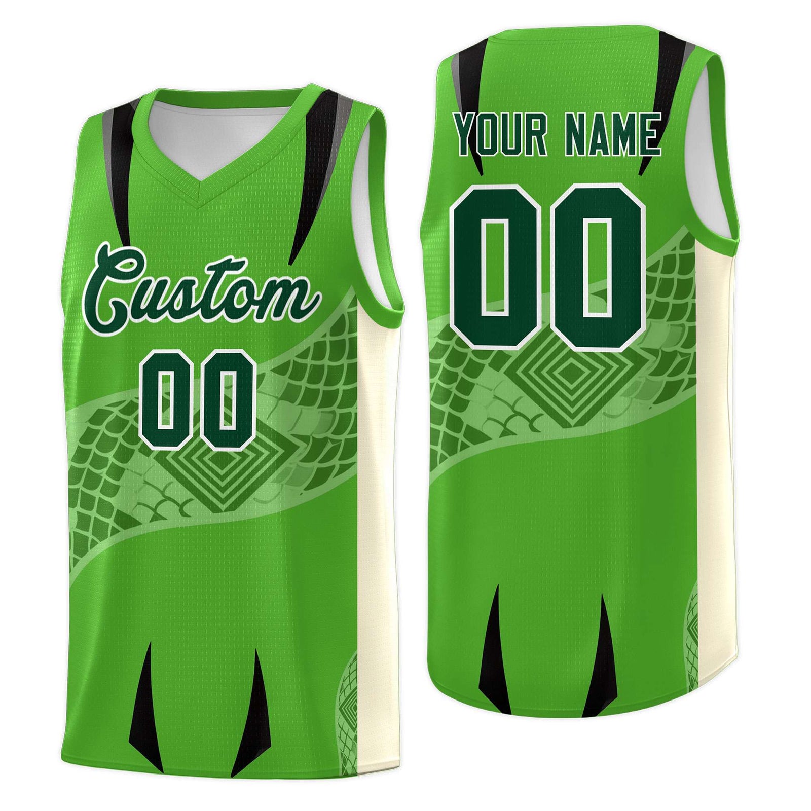 Custom Light Green Cream Snake Scale Venomous Fang for Team Graffiti Pattern Basketball Suit Jersey