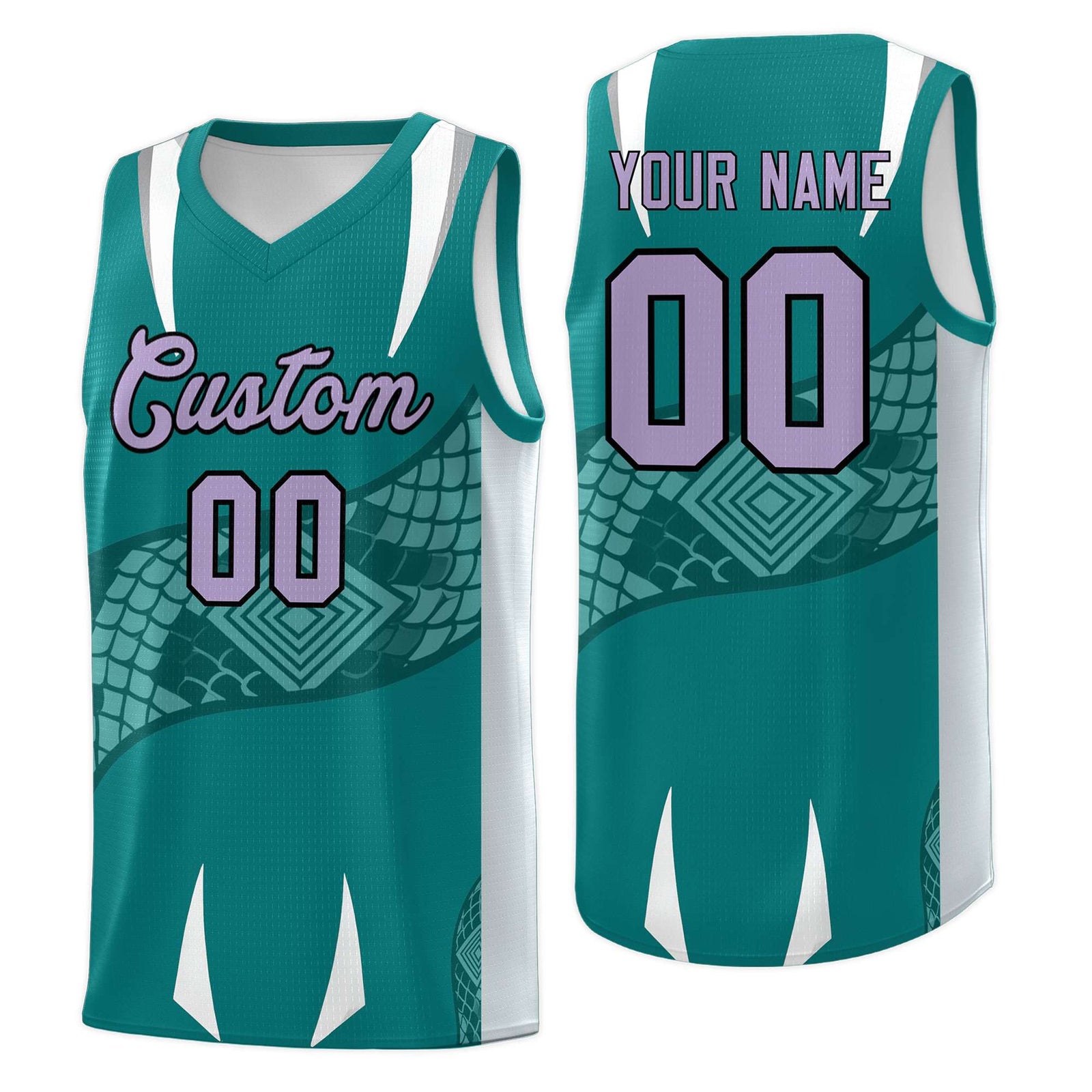 Custom Teal Silver Snake Scale Venomous Fang Breathable Graffiti Pattern Basketball Suit Jersey