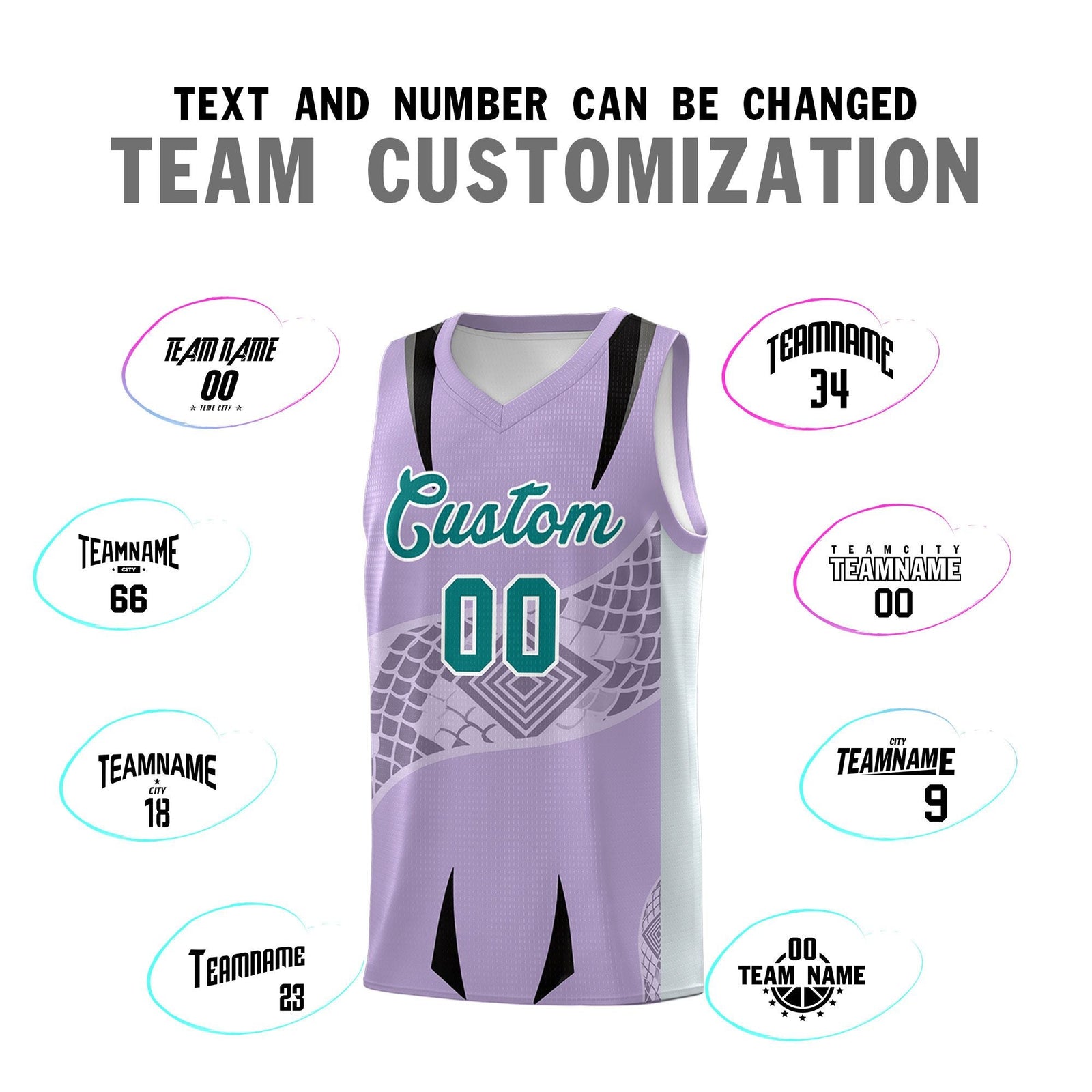 Custom Light Purple Silver Snake Scale Venomous Fang for Clubs Graffiti Pattern Basketball Suit Jersey